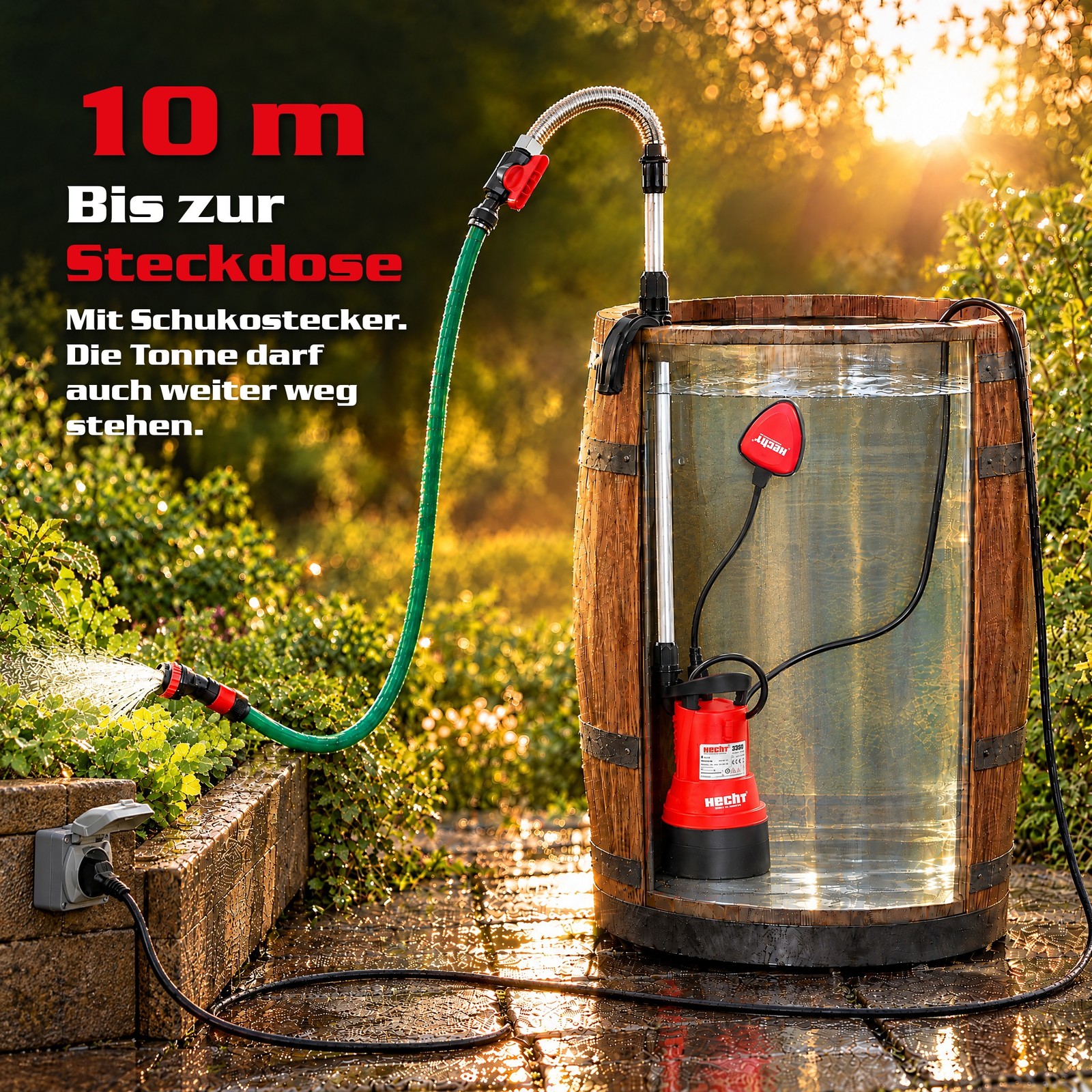 10 m Netzkabel mit Schukostecker – Regentonne weit von der Steckdose (Dieses Bild wurde mit Hilfe von KI generiert.)