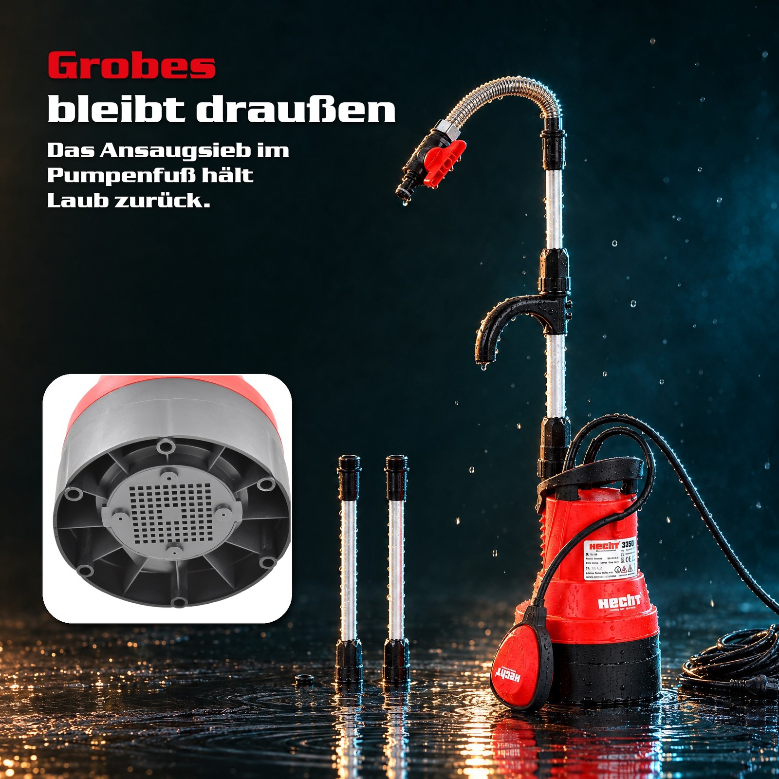 Ansaugsieb im Pumpenfuß hält Laub und grobe Teile zurück (Dieses Bild wurde mit Hilfe von KI generiert.)