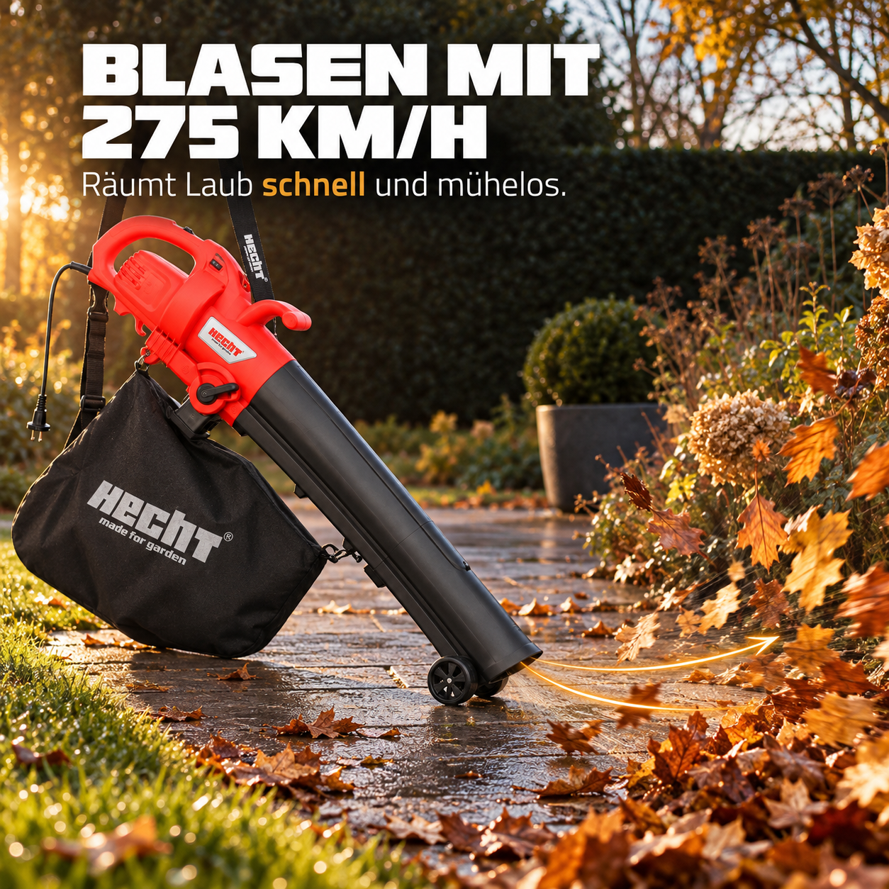 HECHT Laubbläser pustet Blätter mit 275 km/h mühelos vom Gartenweg (Dieses Bild wurde mit Hilfe von KI generiert.)