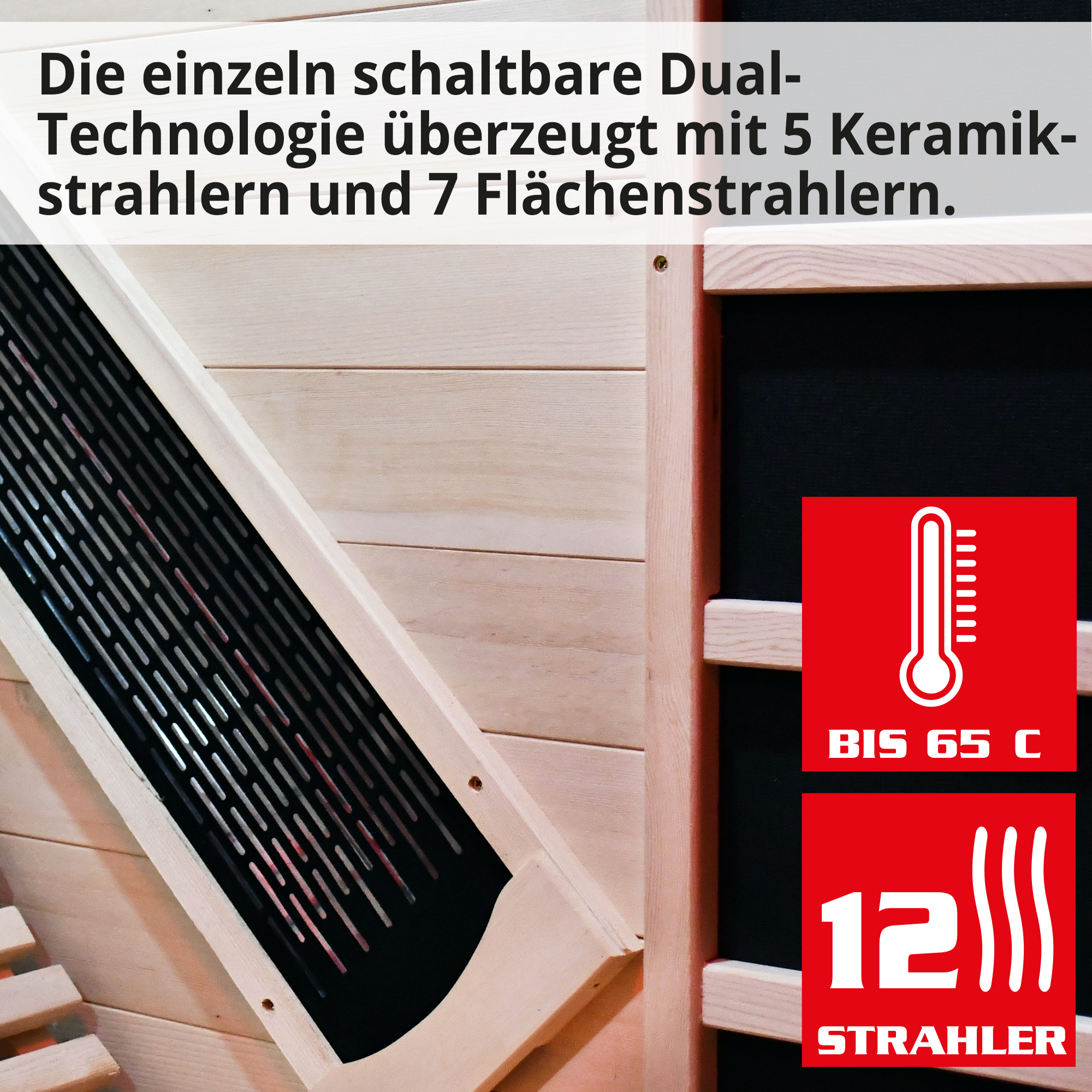 Hecht-Sauna mit 5 Keramikstrahlern und 7 Flächenstrahlern