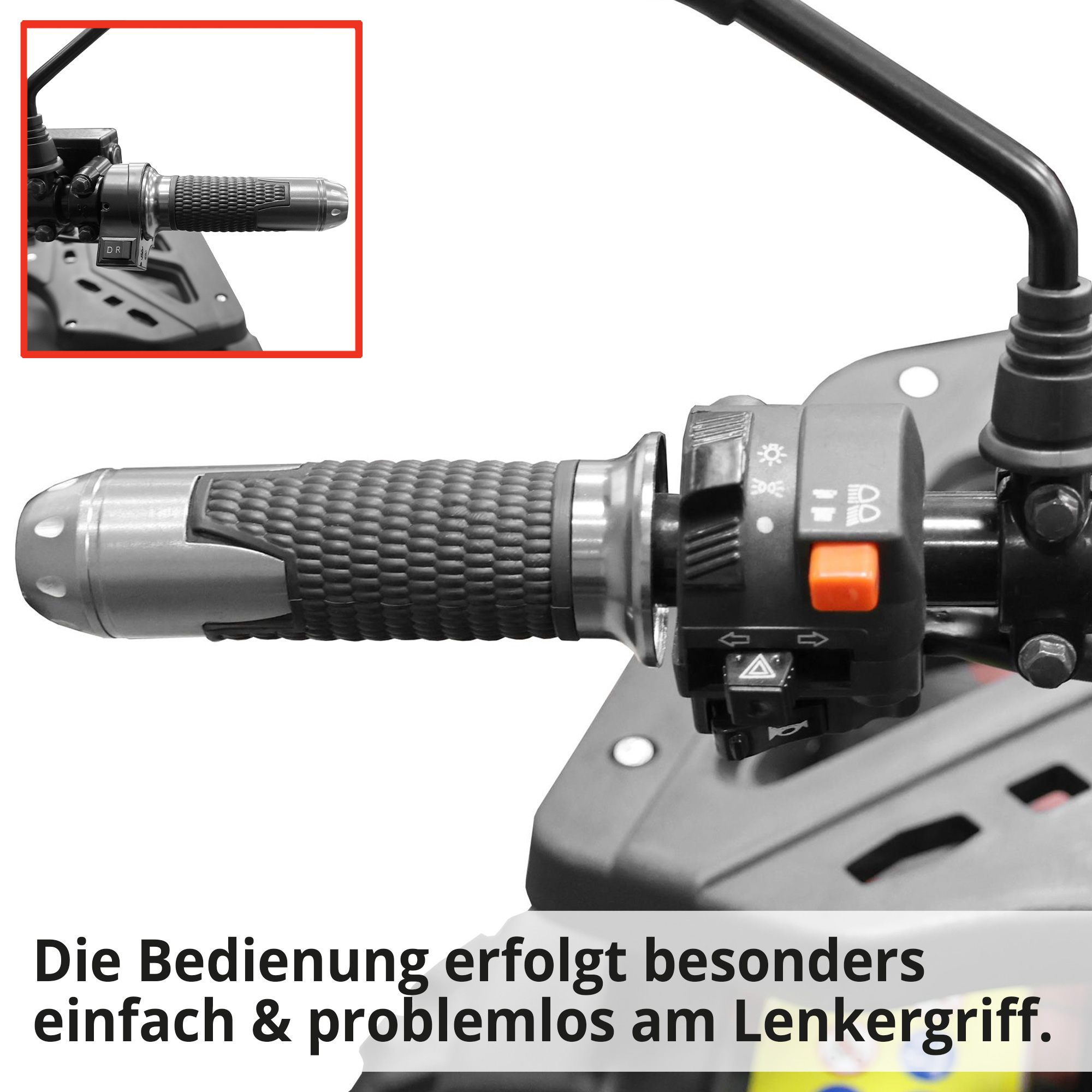 Hecht Cargo - Quad mit Pritsche & Plane; Bedienung erfolgt besonders einfach und problemlos am Lenkgriff (Dieses Bild wurde mit Hilfe von KI generiert.)