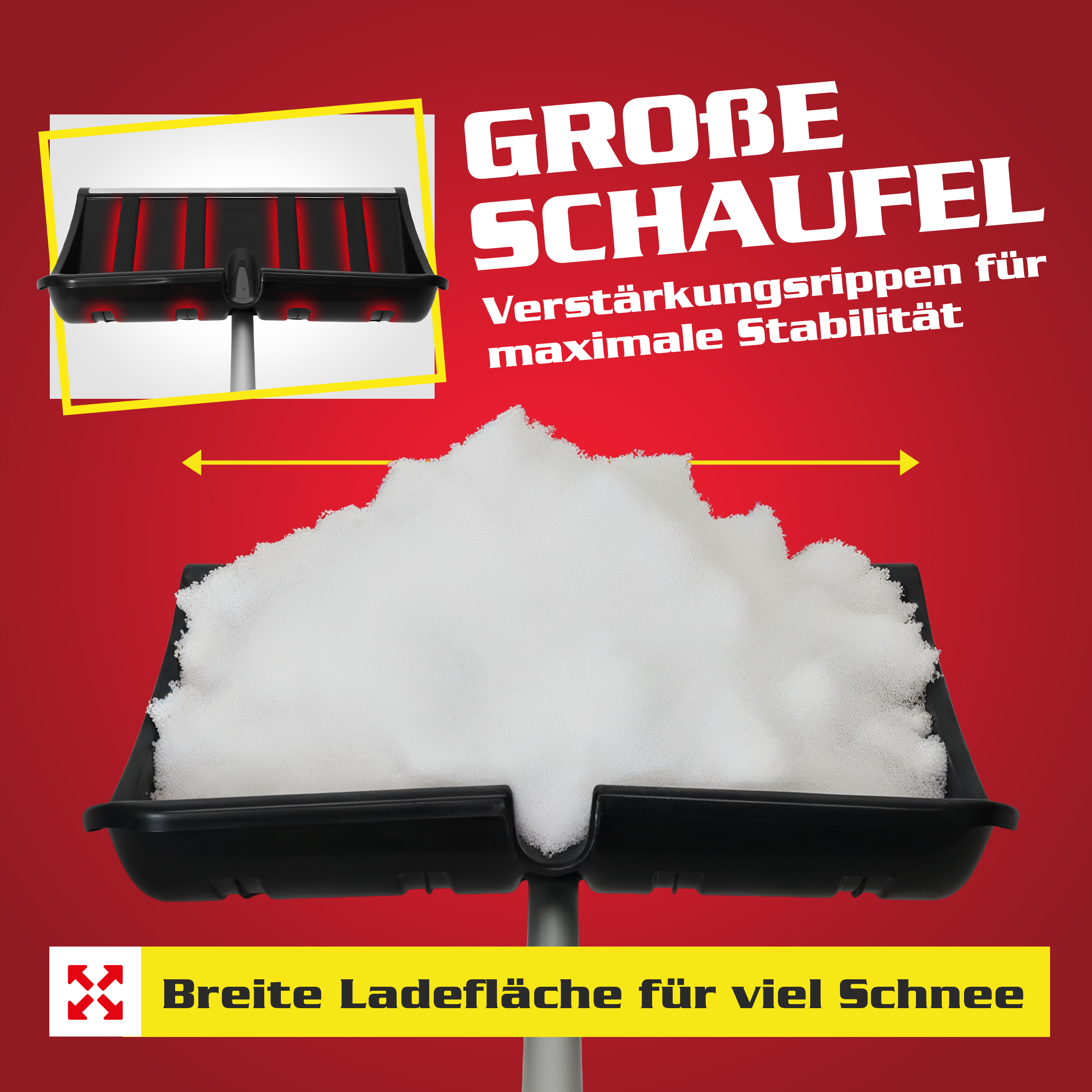 HECHT Schneeschaufel: Breite Ladefläche mit Verstärkungsrippen für Schnee (Dieses Bild wurde mit Hilfe von KI generiert.)