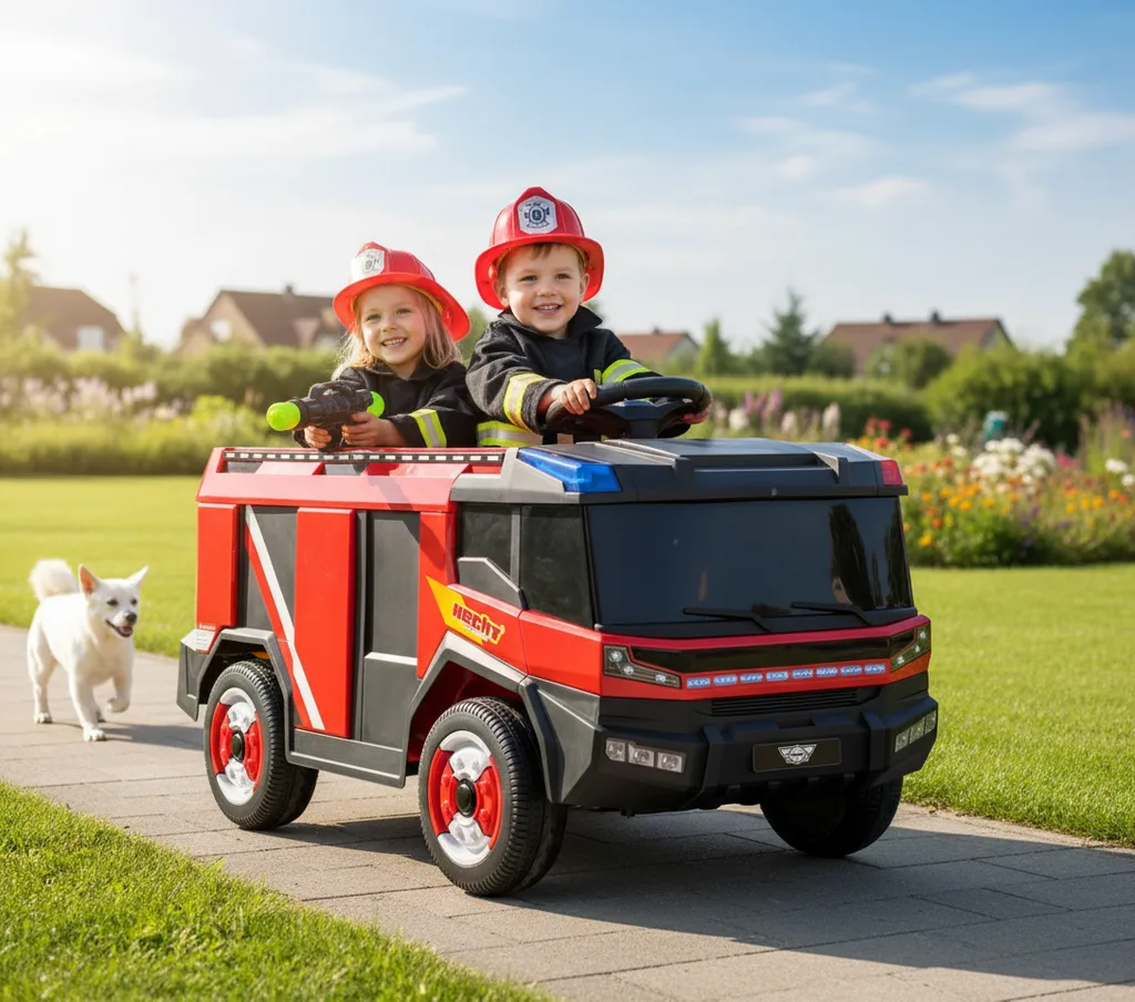 Kinder Elektro Feuerwehrauto mit 2 Kinder (Dieses Bild wurde mit Hilfe von KI generiert.)
