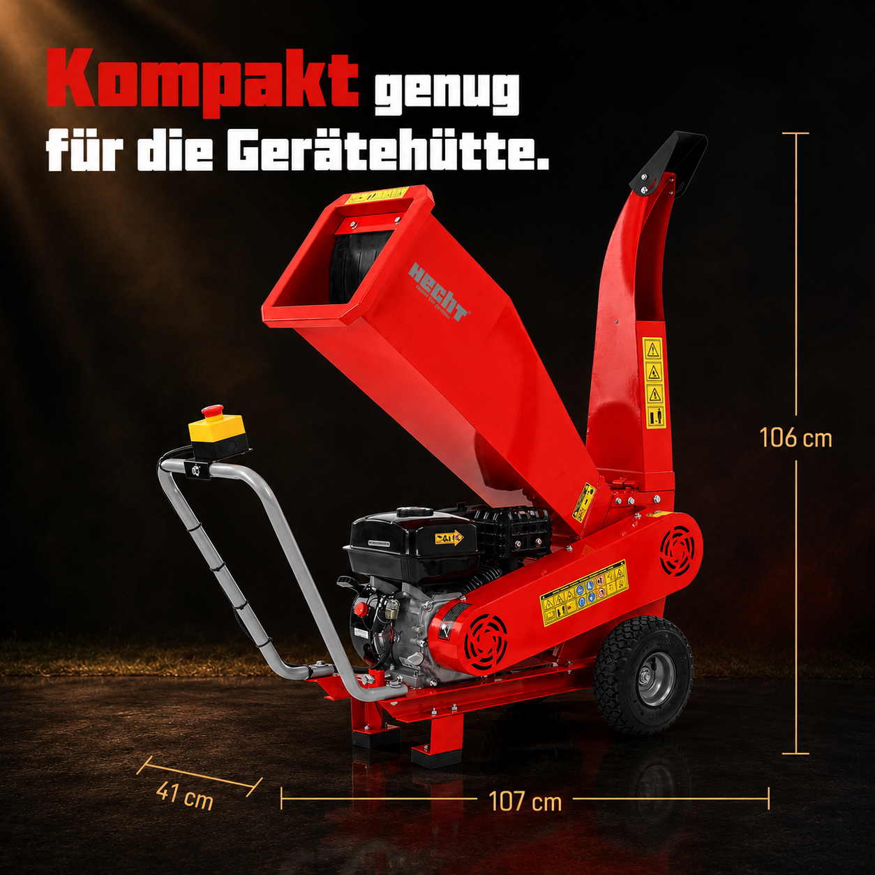 Kompakter HECHT Benzin-Häcksler 6208 mit platzsparenden Abmessungen