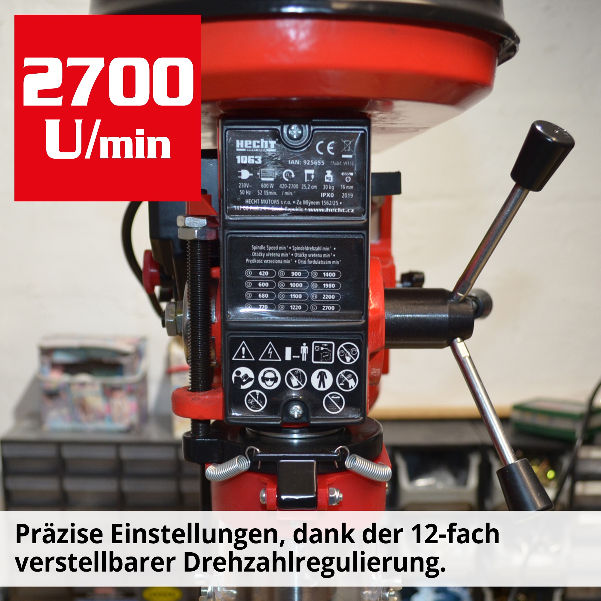 Standbohrmaschine Drehzahlregulierung 12-fach einstellbar Tabelle 2700 U/min Spindeldrehzahl Hebel (Dieses Bild wurde mit Hilfe von KI generiert.)