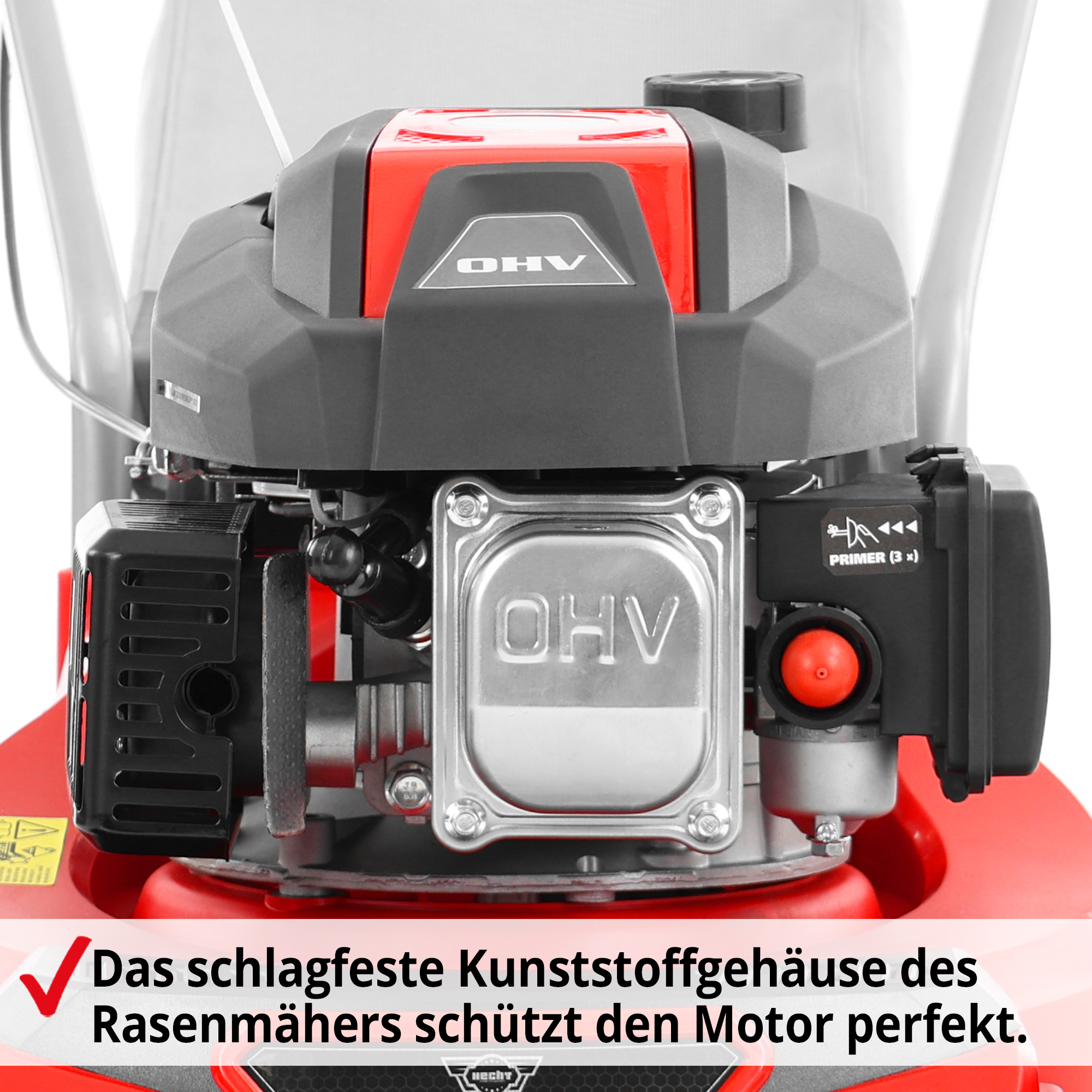 Der leichte Heckauswurf-Rasenmäher bietet volle Kontrolle beim Mähen unter Bäumen oder an Kanten.