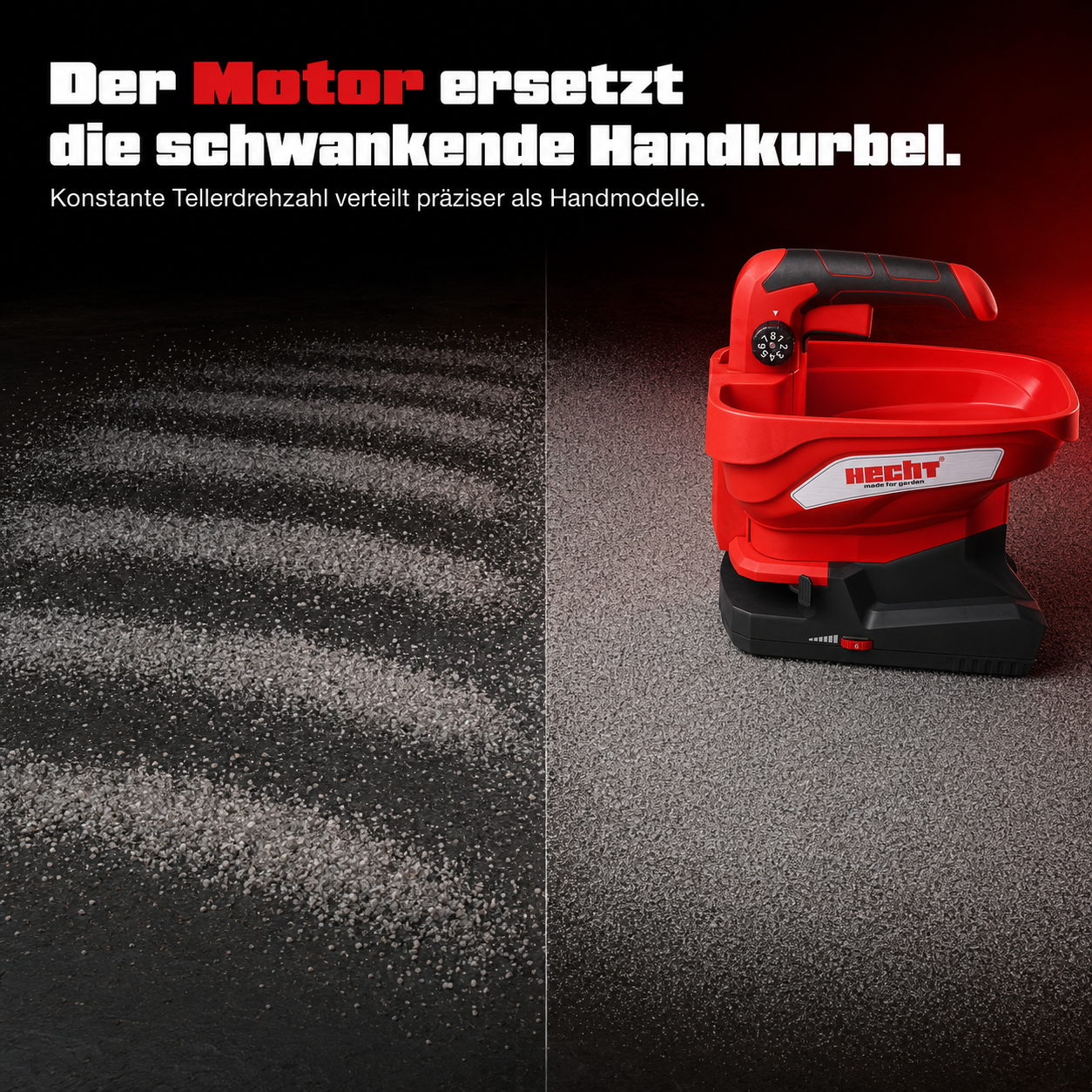 Vergleich der Streubilder: Der Motor des HECHT 207 verteilt Saatgut und Dünger deutlich präziser als Handmodelle