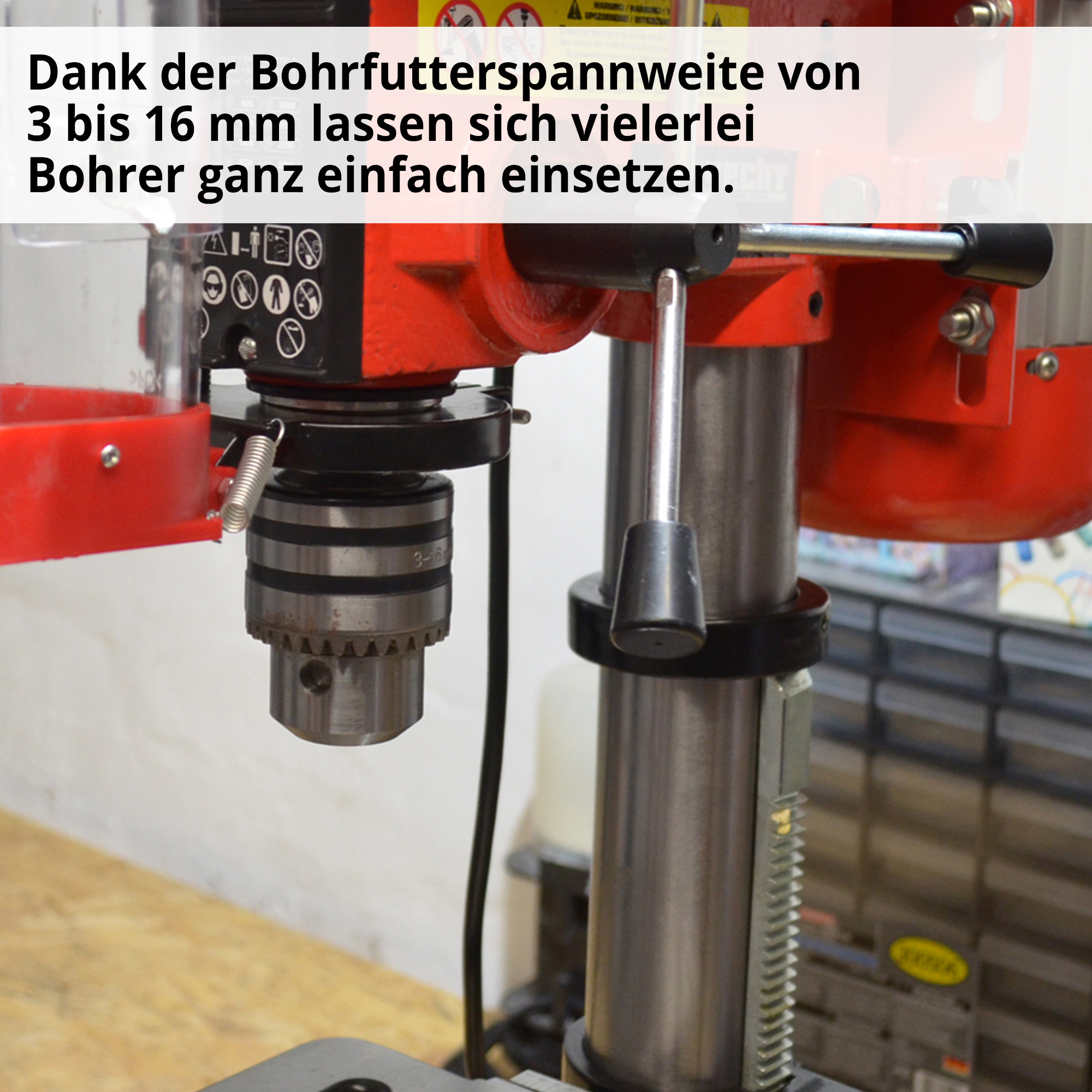Standbohrmaschine Bohrfutter Spannweite 3 bis 16 mm Zahnkranzbohrfutter Spindel Detailansicht (Dieses Bild wurde mit Hilfe von KI generiert.)