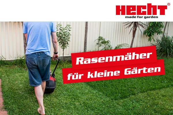 Rasenmäher im kleinen Garten.