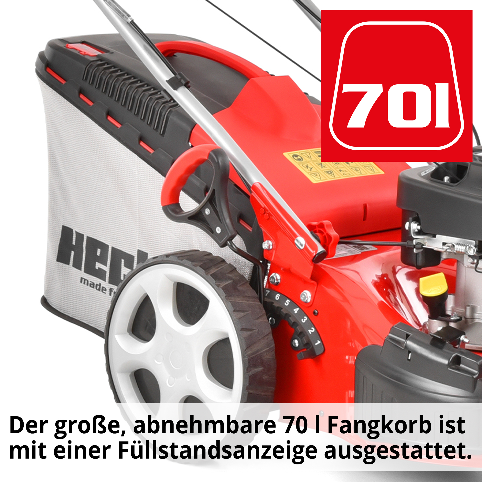 Rasenmäher Benzin Fangkorb 70 Liter groß abnehmbar Füllstandsanzeige Gewebe