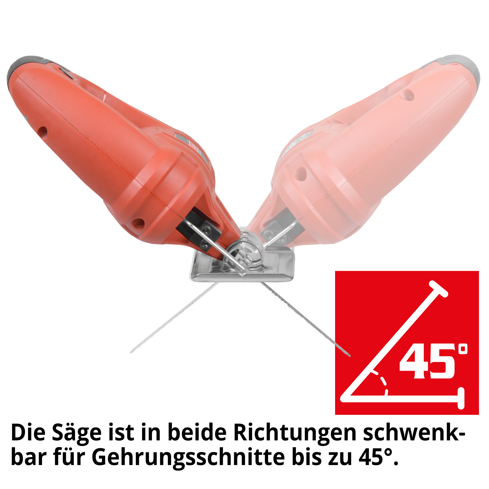 HECHT 1541 Stichsäge; Die Säge ist in beide Richtungen schwenkbar für Gehrungsschnitte bis zu 45° (Dieses Bild wurde mit Hilfe von KI generiert.)