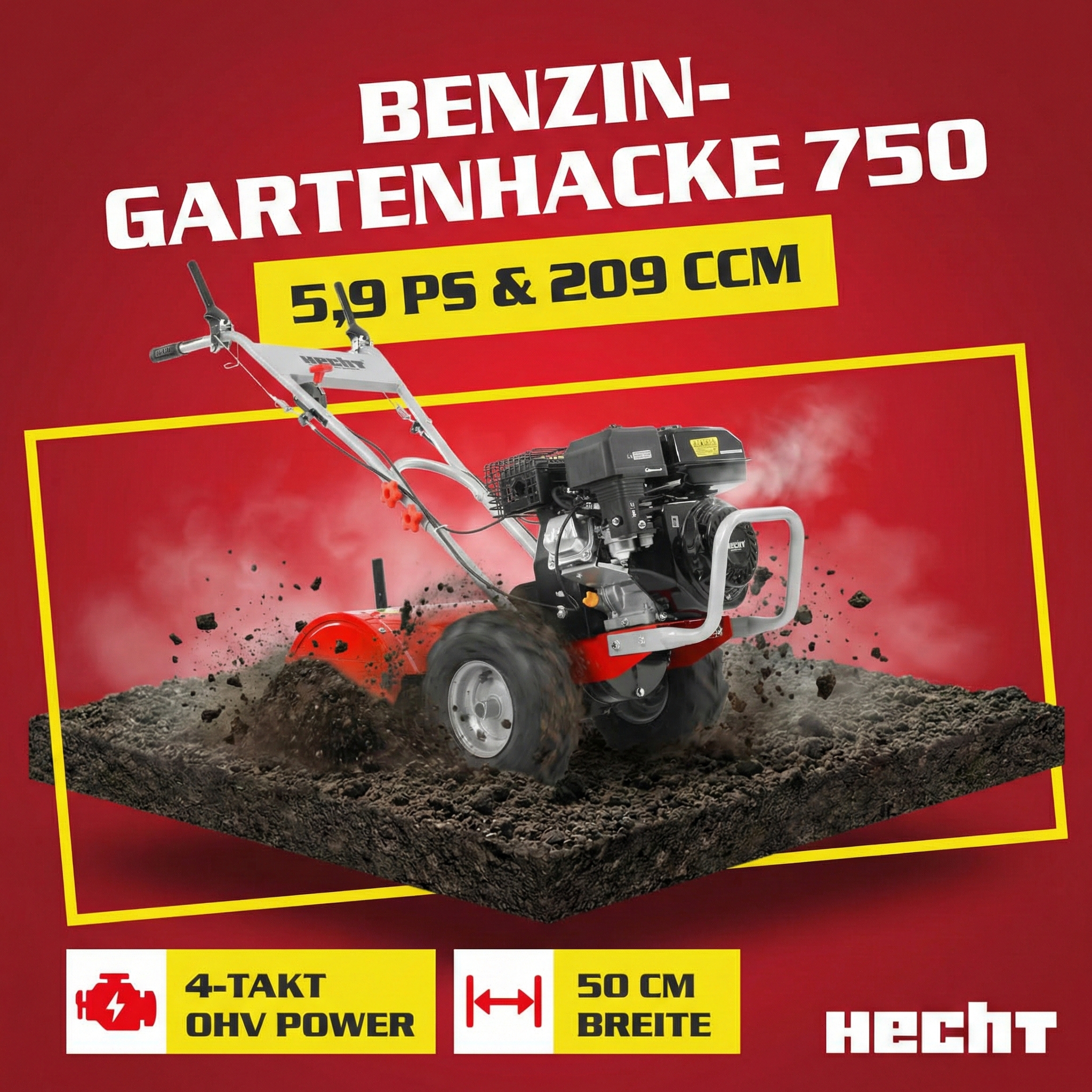 Kraftvolle HECHT Benzin-Gartenhacke 750 mit 5,9 PS und 50 cm Arbeitsbreite