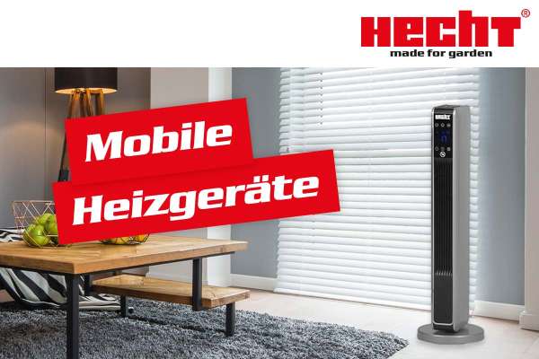Mobiles Heizgerät von Hecht in einem Wohnzimmer (Dieses Bild wurde mit Hilfe von KI generiert.)