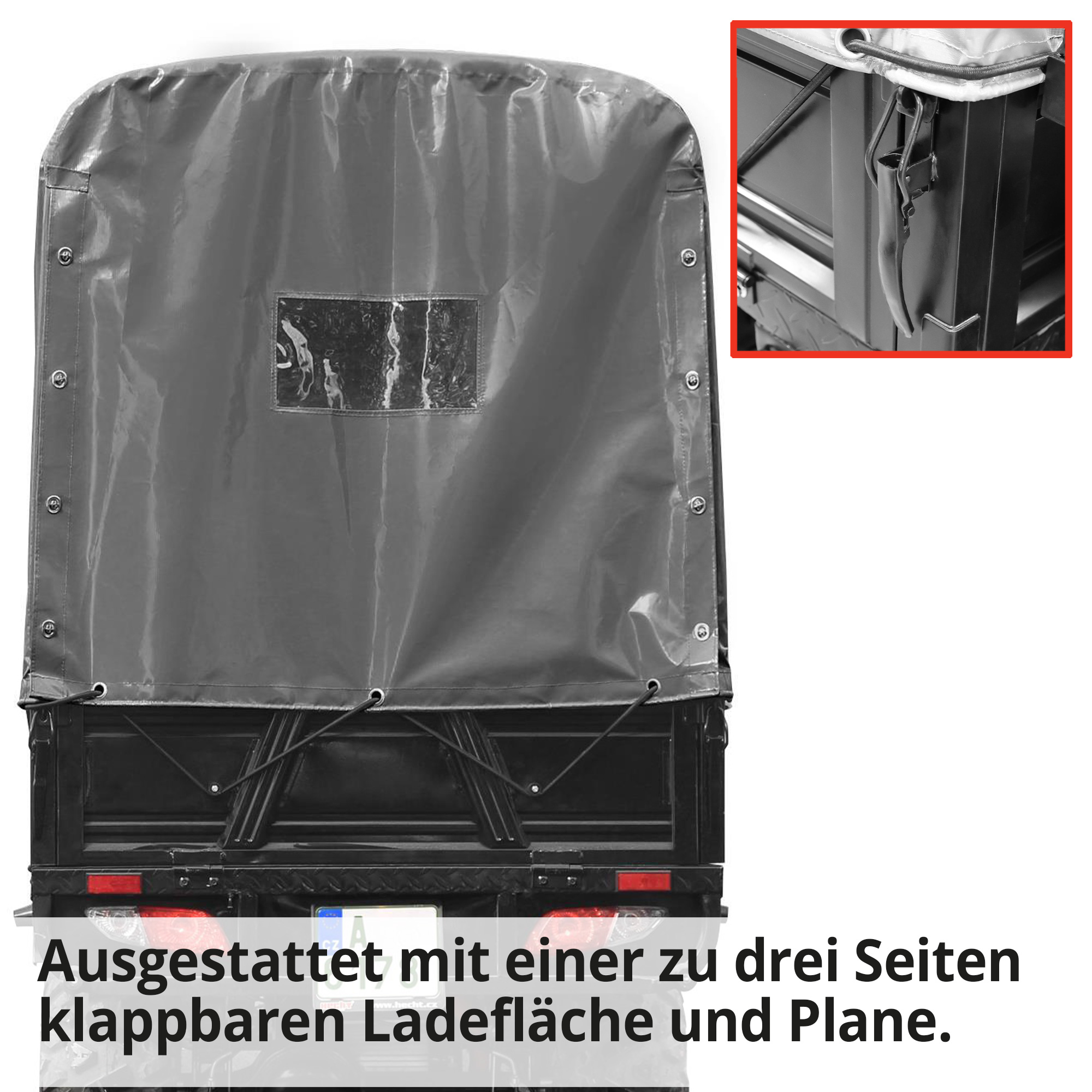 Hecht Cargo - Quad mit Pritsche & Plane ausgestattet mit einer zu 3 Seiten klappbaren Ladefläche und Plane (Dieses Bild wurde mit Hilfe von KI generiert.)