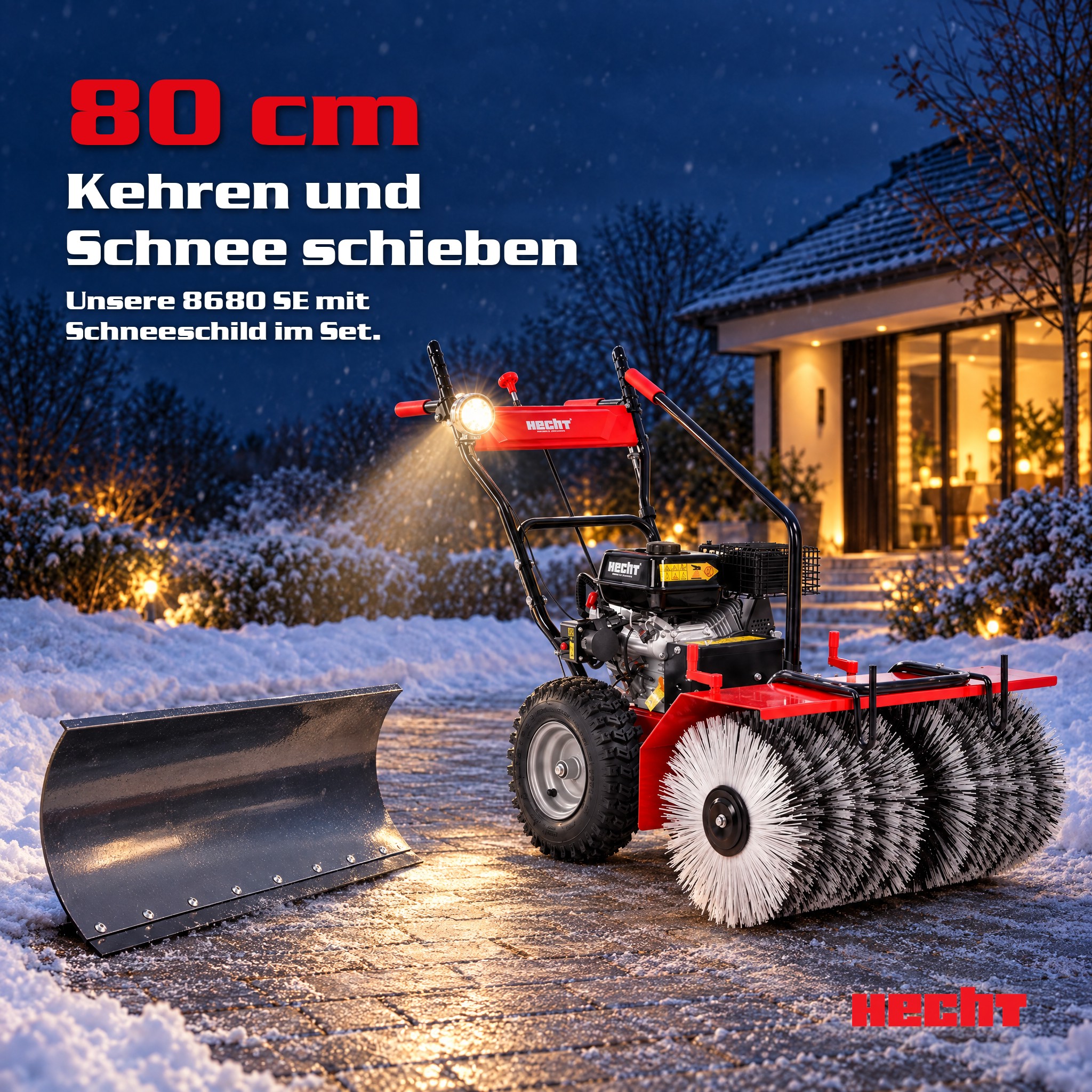 HECHT 8680 SE Kehrmaschine mit 80 cm Arbeitsbreite und Schneeschild im Set (Dieses Bild wurde mit Hilfe von KI generiert.)