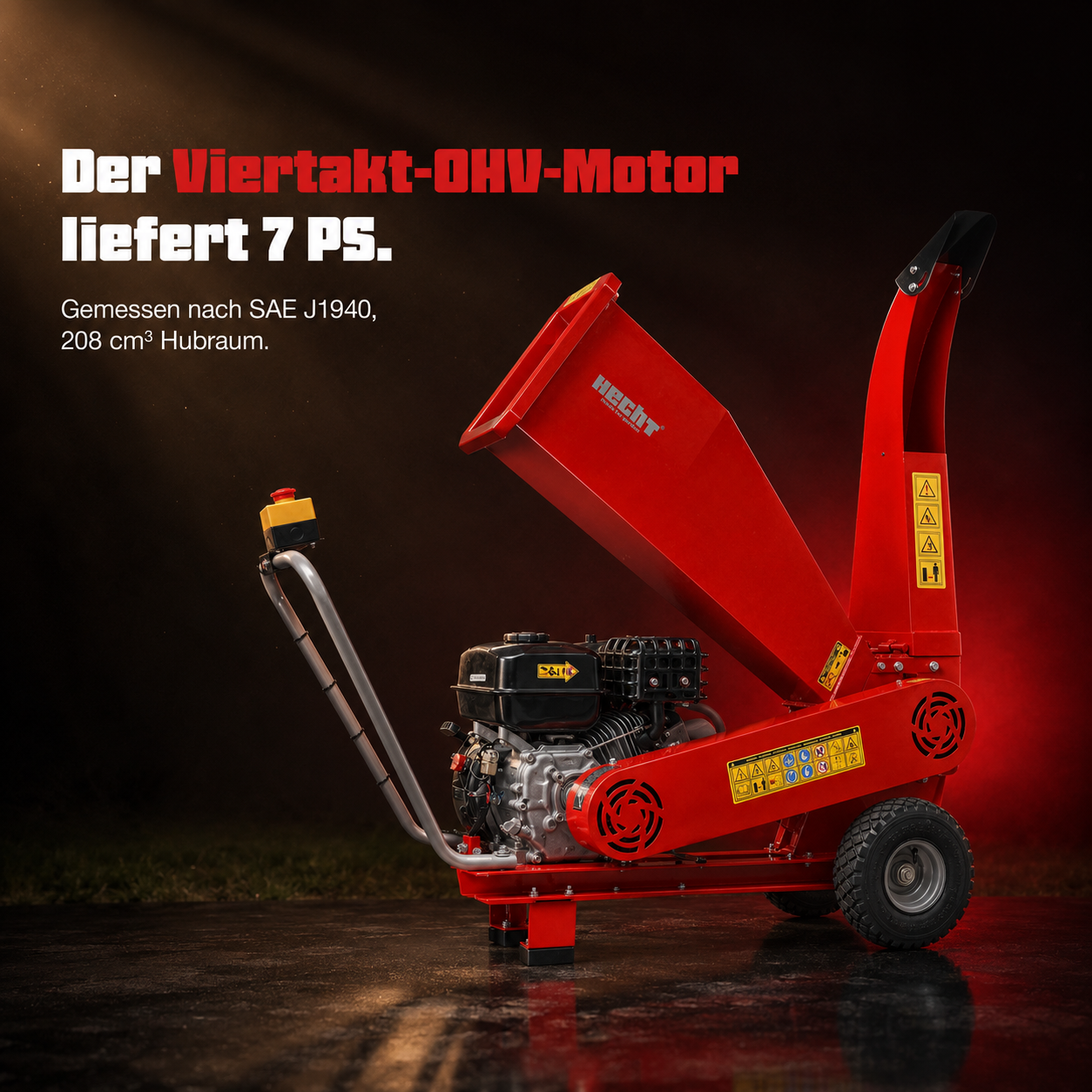 Leistungsstarker HECHT Holzhäcksler mit 7 PS starkem 4-Takt-Motor