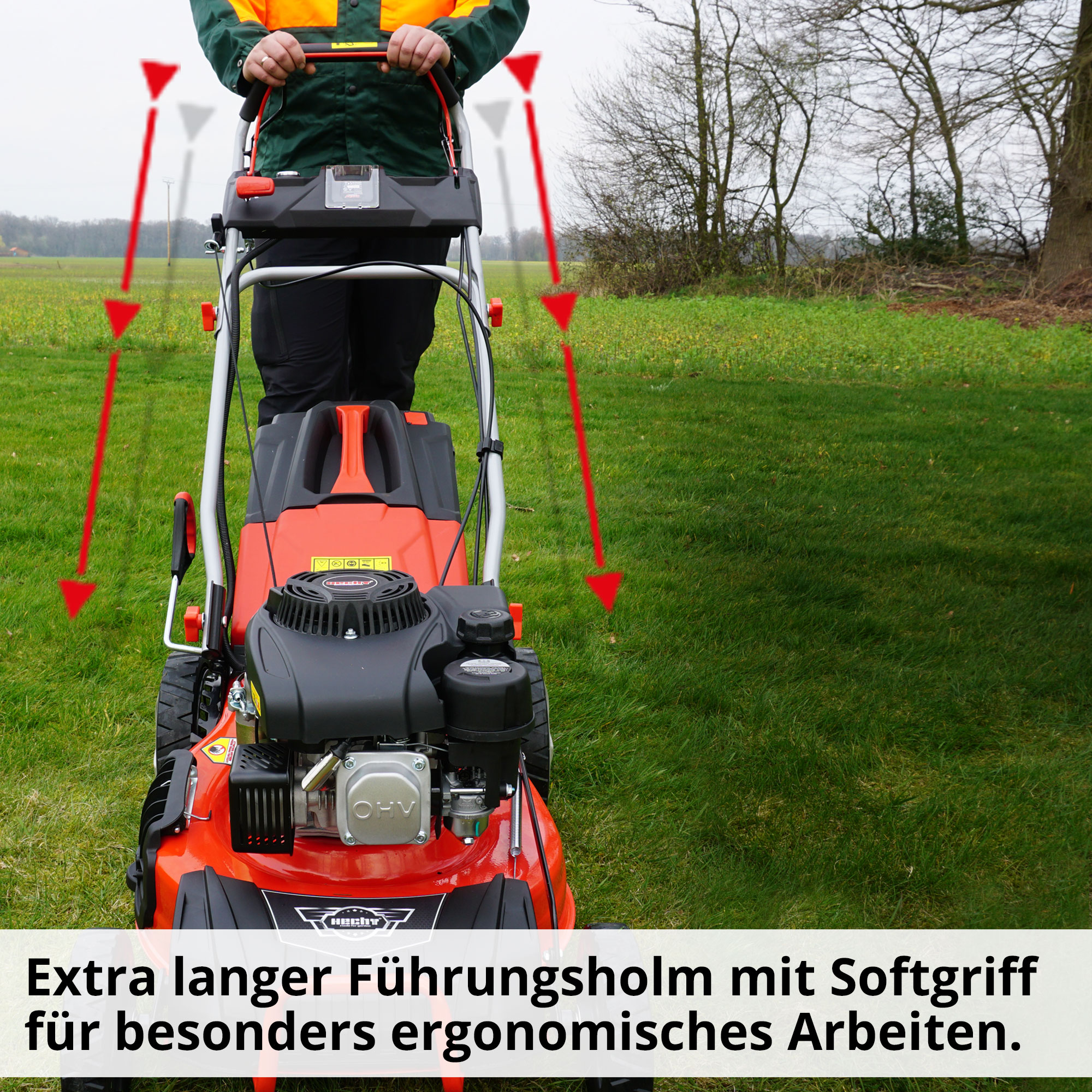 Benzin-Rasenmäher mit Extra langem Führungsholm auch für besonders große Personen und Softgriff