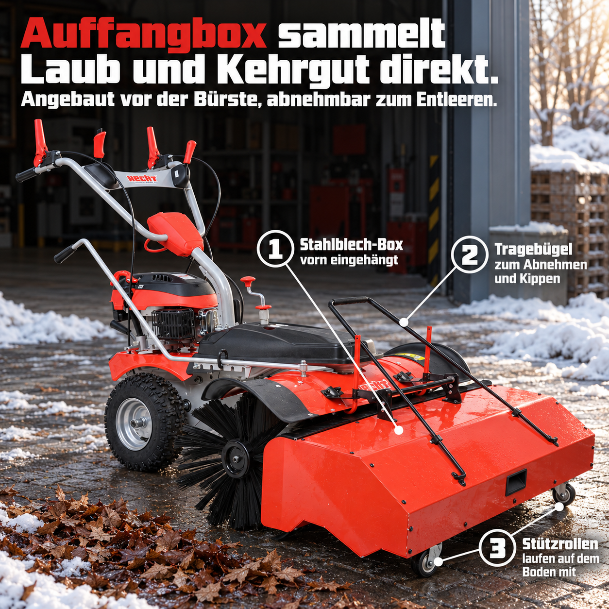 HECHT Kehrmaschine mit abnehmbarer Auffangbox für Laub und Kehrgut (Dieses Bild wurde mit Hilfe von KI generiert.)