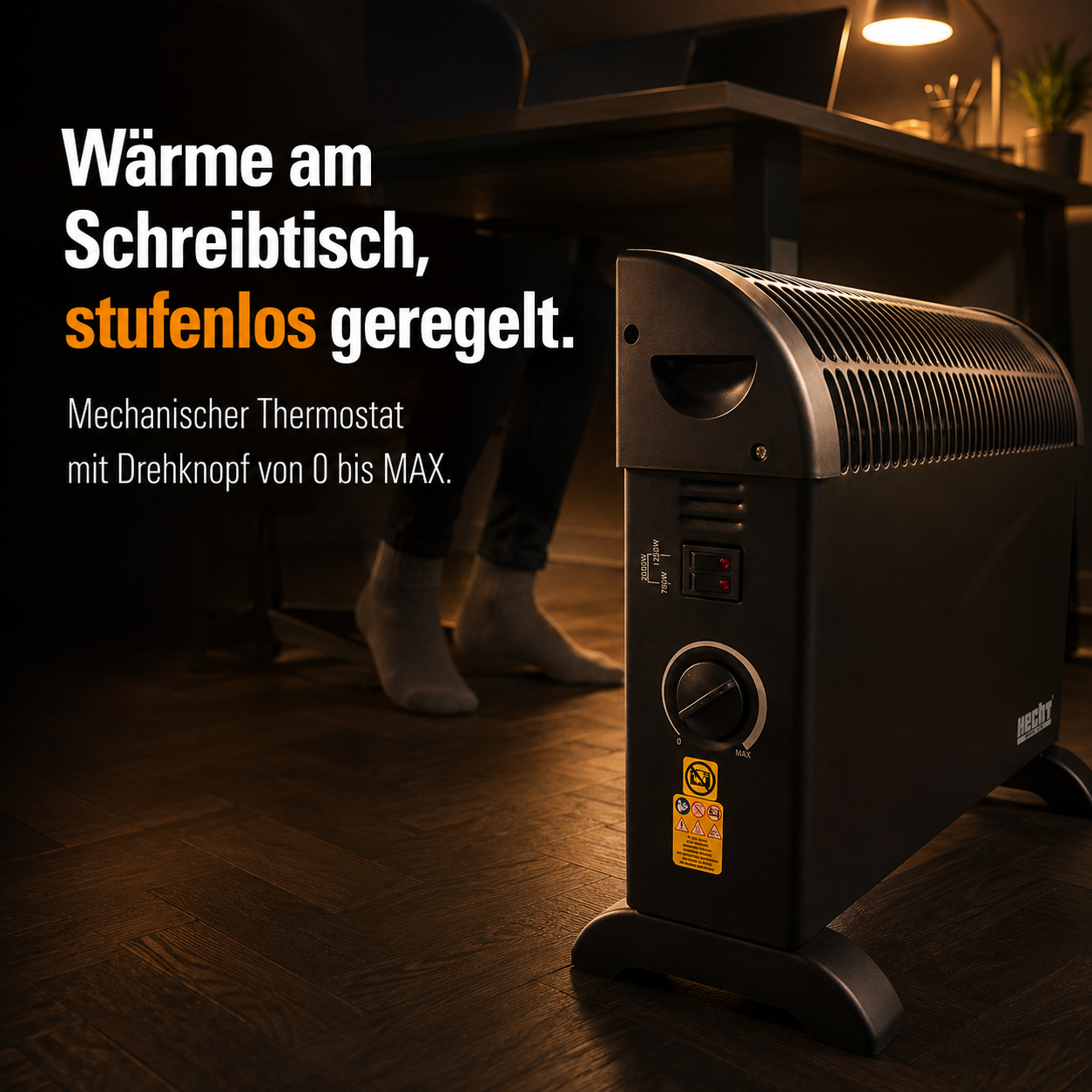 HECHT Elektroheizung mit stufenlosem Thermostat am Schreibtisch (Dieses Bild wurde mit Hilfe von KI generiert.)