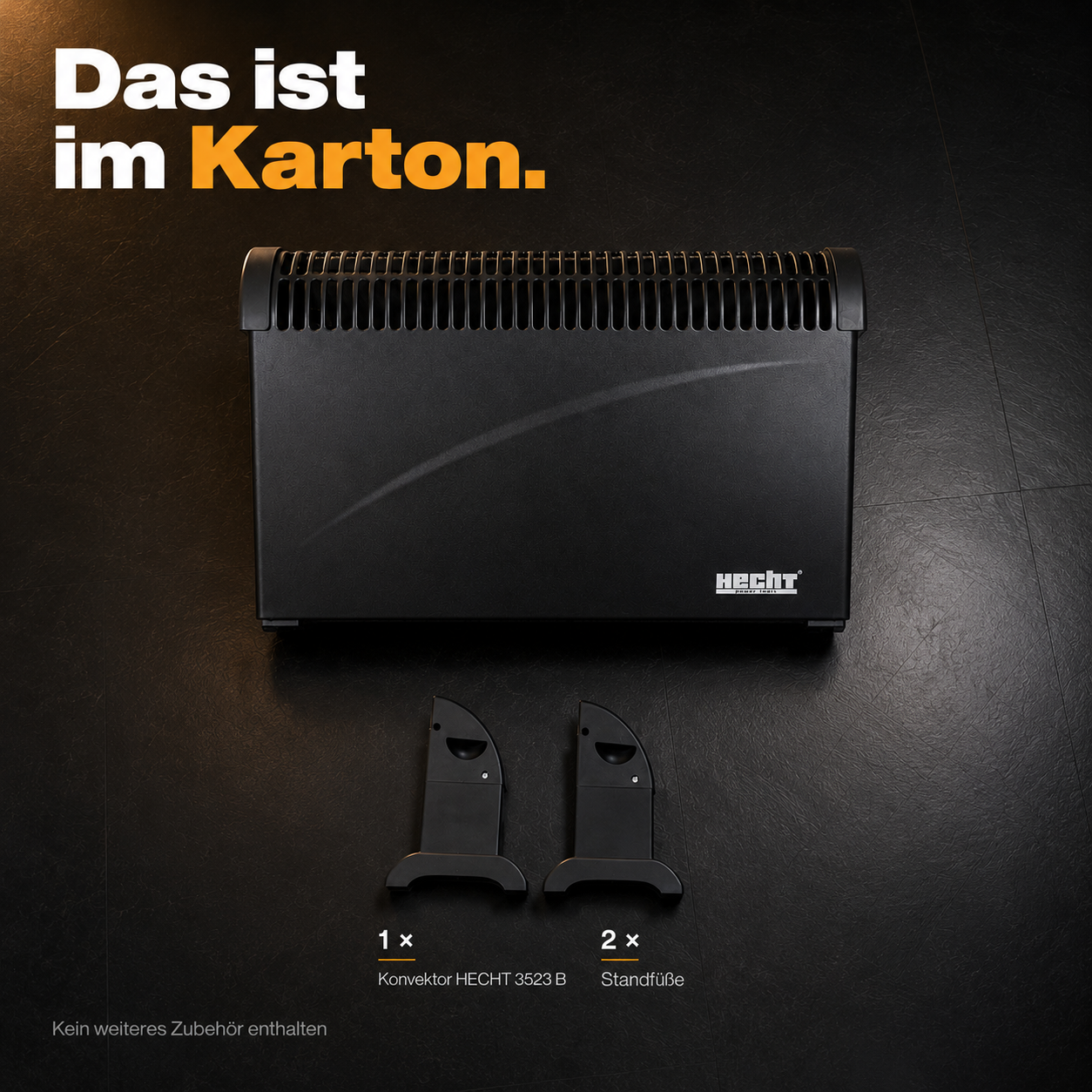 Lieferumfang HECHT Konvektor: Schwarzes Heizgerät und zwei Standfüße (Dieses Bild wurde mit Hilfe von KI generiert.)