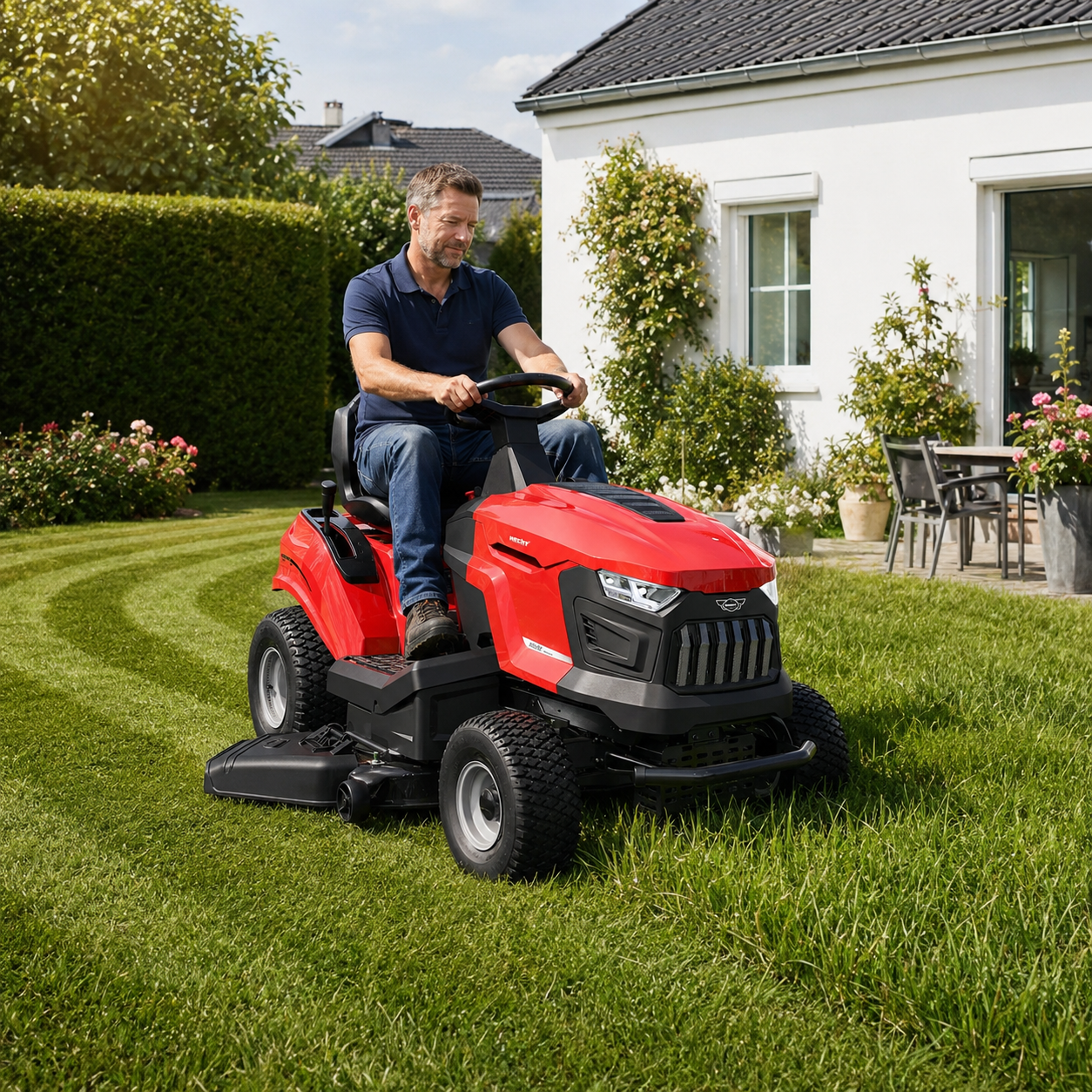 Mann mäht komfortabel mit dem HECHT 5115 Rasentraktor einen großen, gepflegten Rasen im heimischen Garten