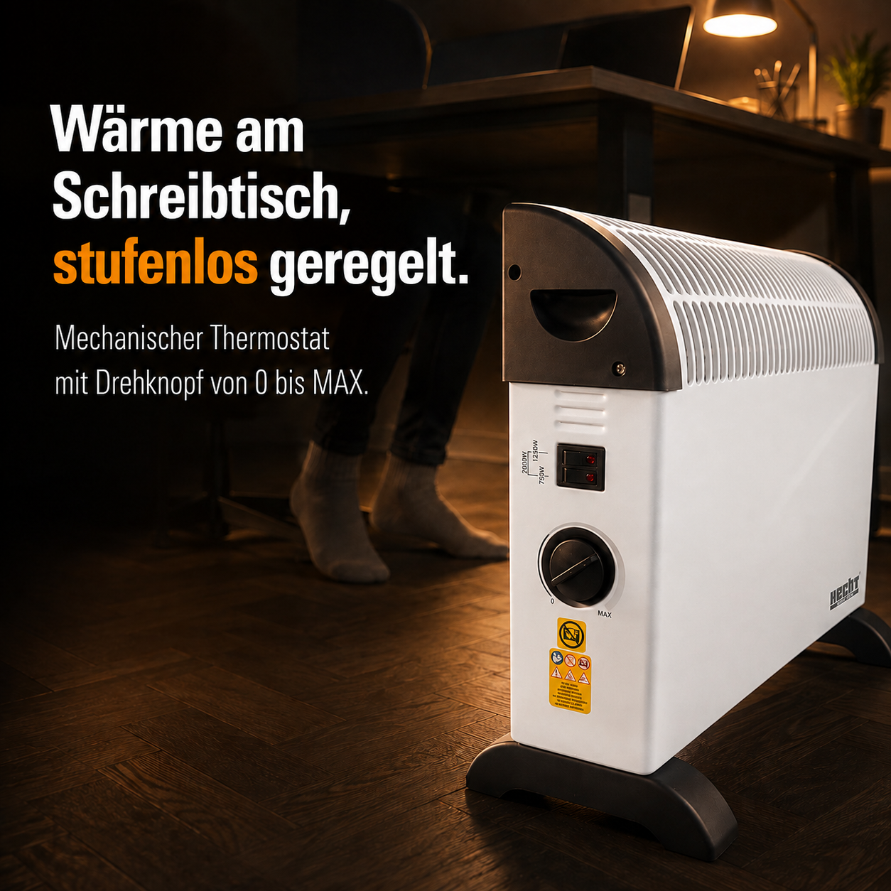 Weiße HECHT Elektroheizung am Schreibtisch mit stufenlosem Thermostat (Dieses Bild wurde mit Hilfe von KI generiert.)