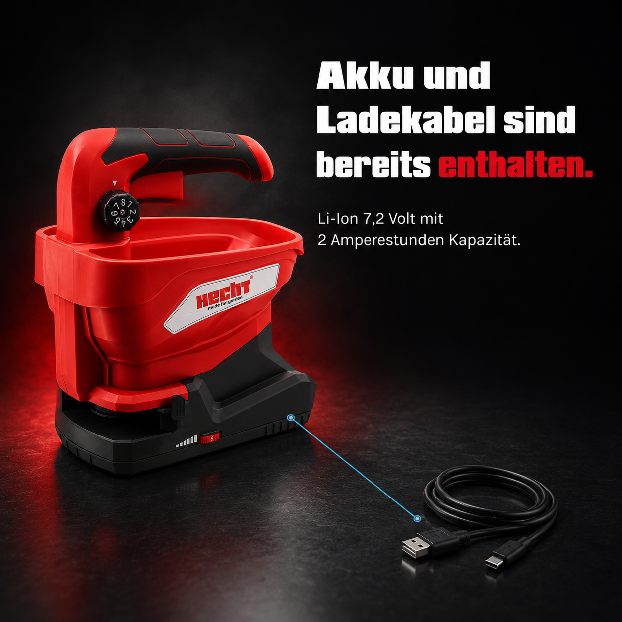 Roter HECHT 207 Akku-Handstreuer mit mitgeliefertem USB-C-Ladekabel zum Laden des integrierten 7,2 Volt Akkus