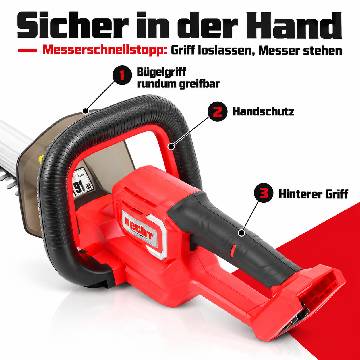 Sichere Akku-Heckenschere: Bügelgriff und Messerschnellstopp (Dieses Bild wurde mit Hilfe von KI generiert.)