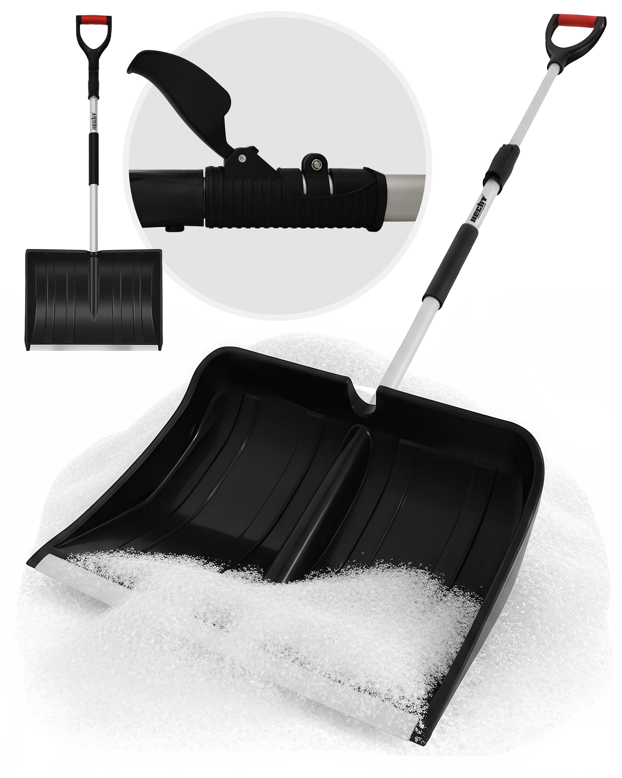 Schneeschaufel mit Teleskop-Stiel und ergonomischem D-Griff (Dieses Bild wurde mit Hilfe von KI generiert.)
