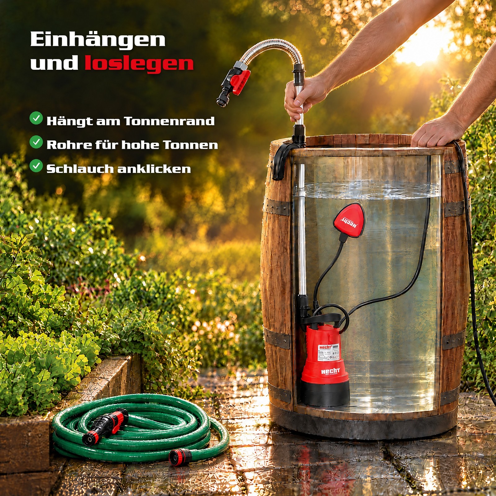 Steigrohr mit Haken am Tonnenrand einhängen und Schlauch anklicken (Dieses Bild wurde mit Hilfe von KI generiert.)