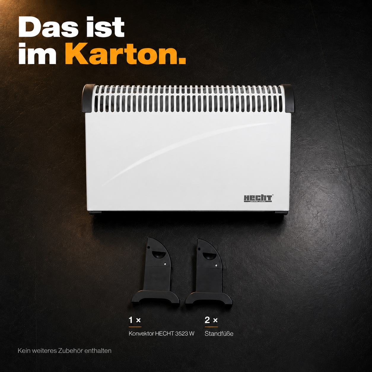 Lieferumfang HECHT Konvektor: Weißes Heizgerät und zwei Standfüße (Dieses Bild wurde mit Hilfe von KI generiert.)