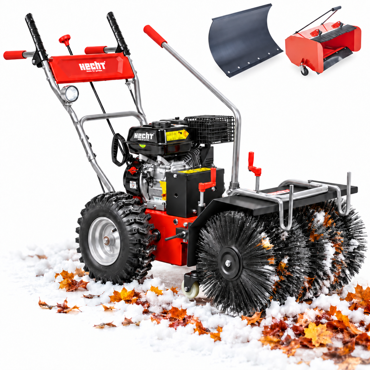 HECHT Kehrmaschine in Aktion mit Schneeschild und Auffangbox (Dieses Bild wurde mit Hilfe von KI generiert.)