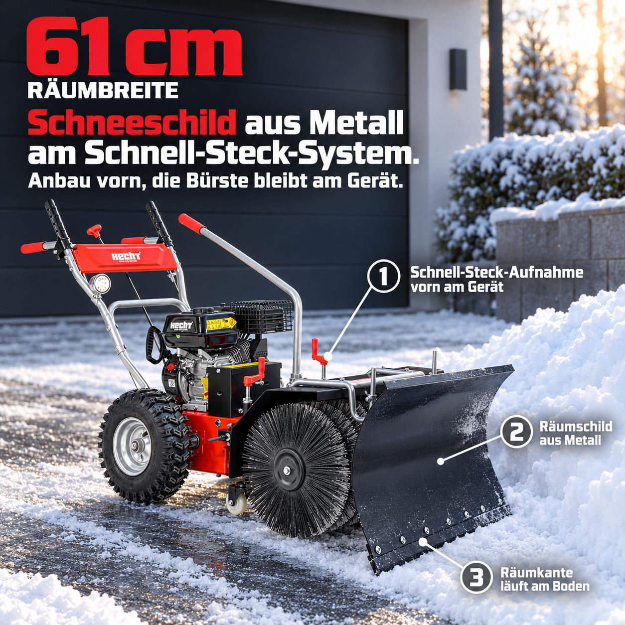 HECHT Kehrmaschine mit 61 cm breitem Schneeschild aus robustem Metall (Dieses Bild wurde mit Hilfe von KI generiert.)