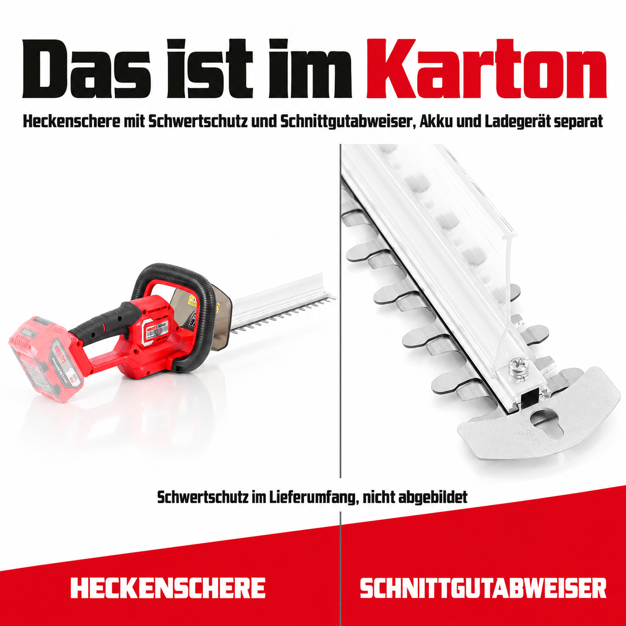 Lieferumfang der HECHT 6140 inklusive Schwertschutz und Abweiser (Dieses Bild wurde mit Hilfe von KI generiert.)