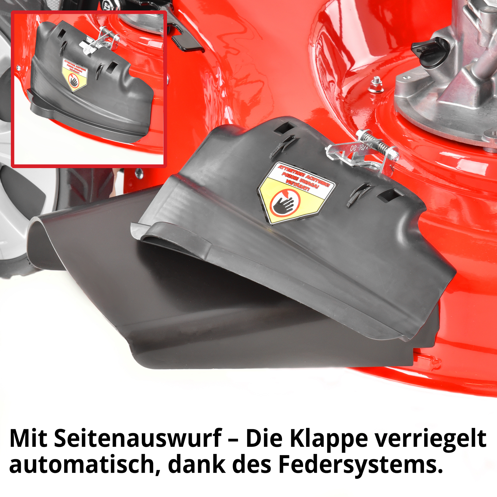 Rasenmäher Benzin Seitenauswurf Klappe offen Deflektor Auswurfkanal Federsystem