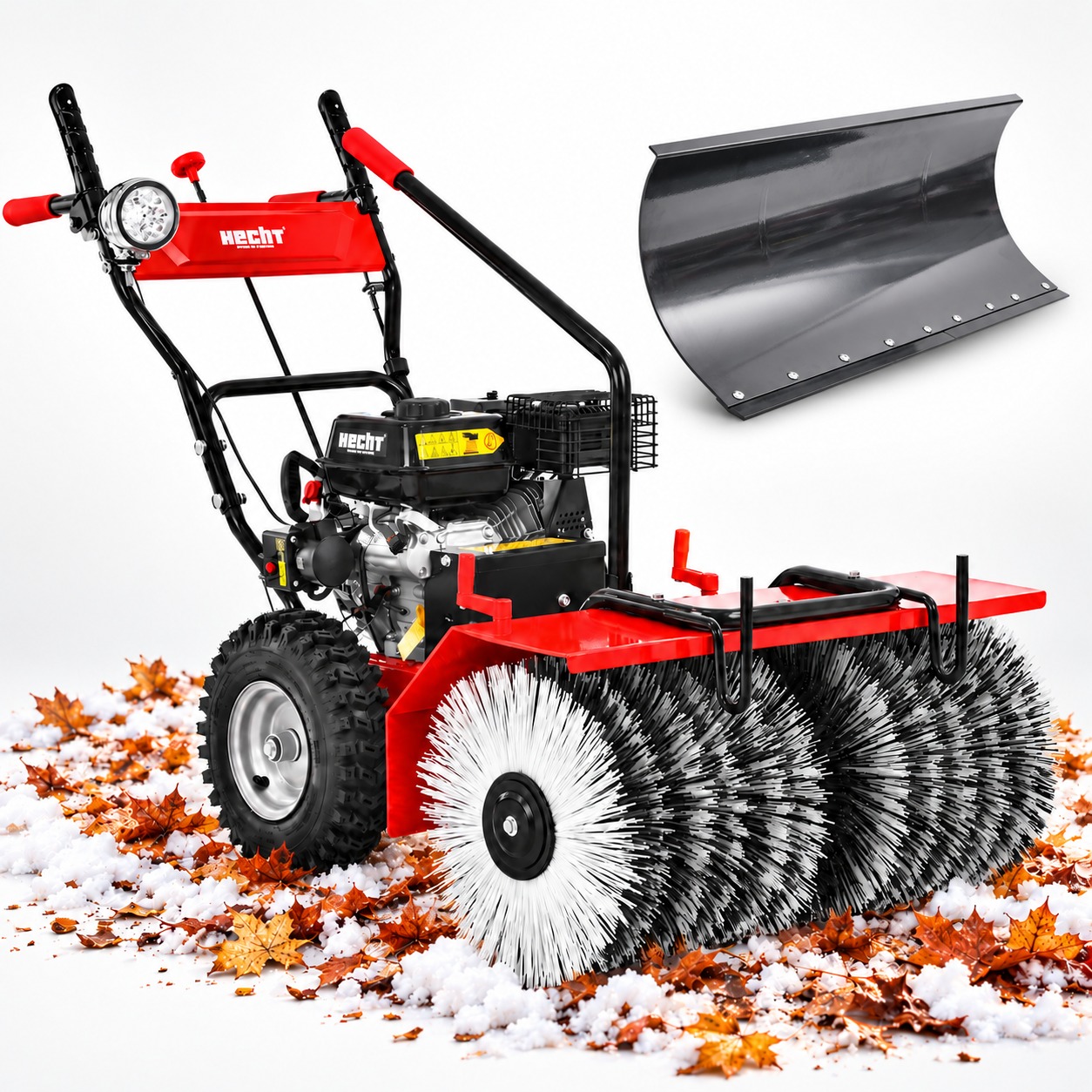 HECHT Benzin-Kehrmaschine 8680 SE mit Schneeschild, Schneeräumen mit Kehrwalzen (Dieses Bild wurde mit Hilfe von KI generiert.)