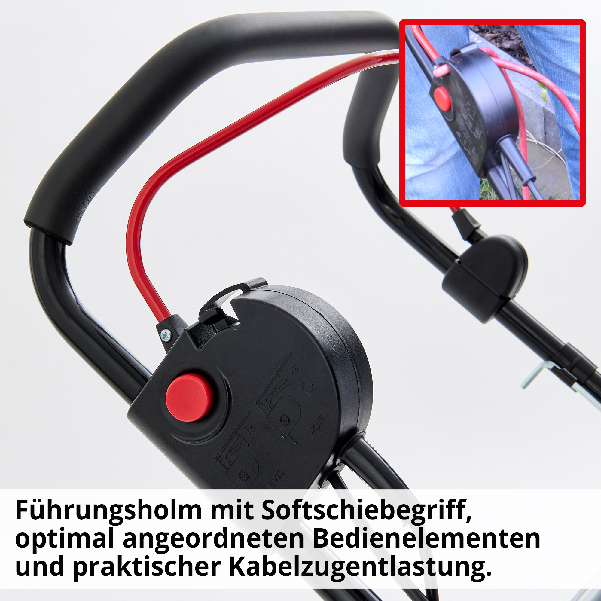 Ergonomischer Handgriff Softgrip Sicherheitsschalter Startknopf Bedienung HECHT 1999
