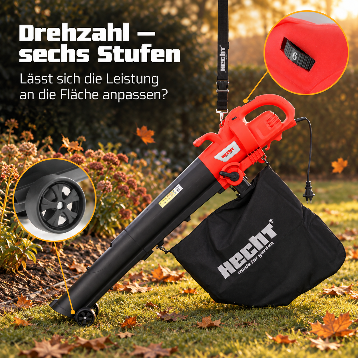 HECHT Laubsauger: 6-stufige Drehzahl und praktische Rollen am Saugrohr (Dieses Bild wurde mit Hilfe von KI generiert.)