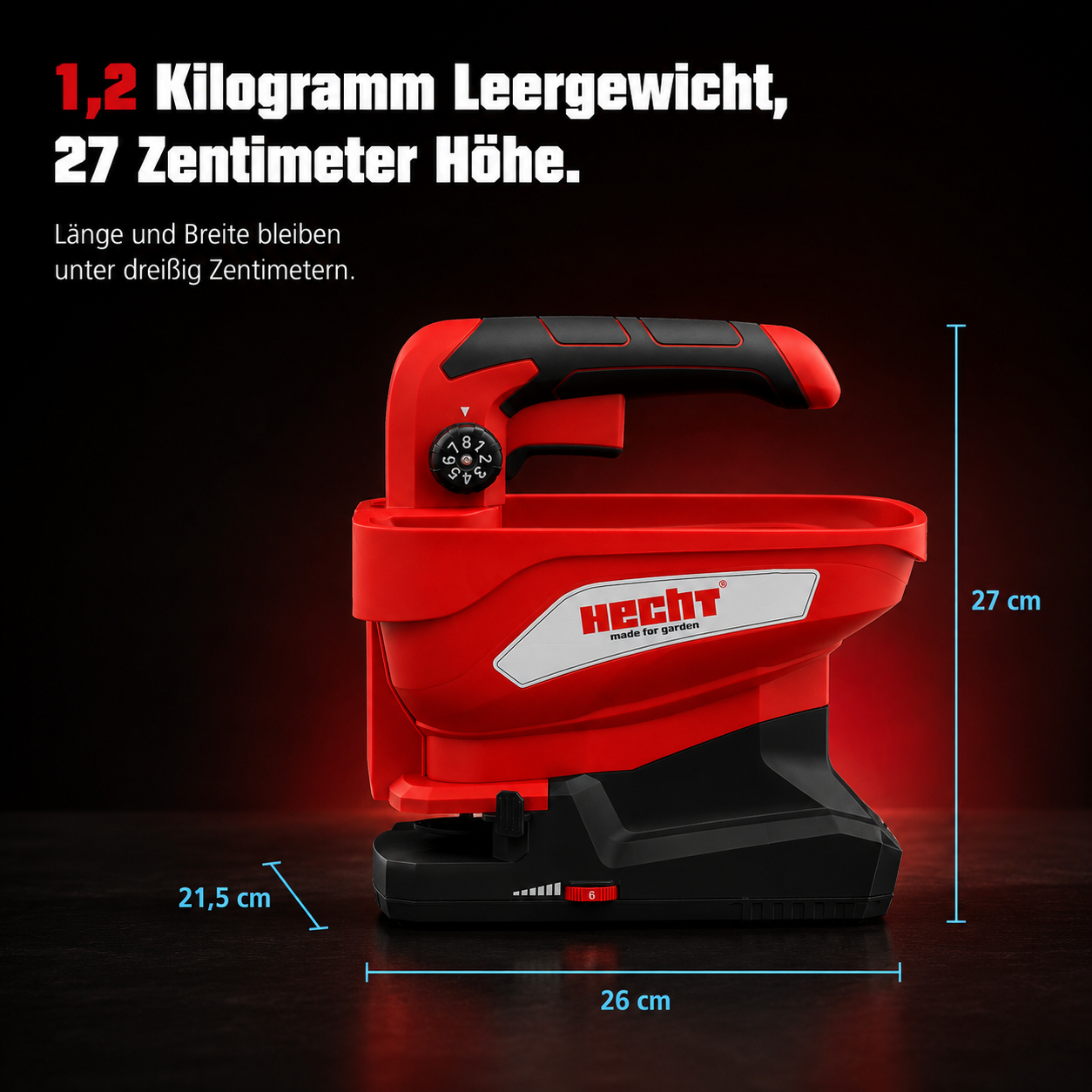 Kompakte Abmessungen des HECHT 207 Streuers: 27 cm Höhe und nur 1,2 kg Leergewicht für leichtes Arbeiten im Garten