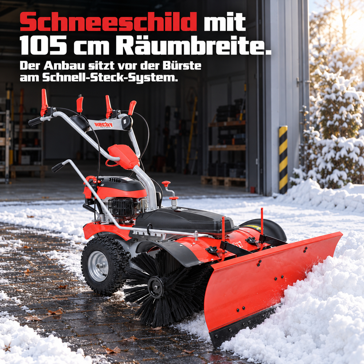 HECHT Kehrmaschine mit 105 cm breitem Schneeschild für den Wintereinsatz (Dieses Bild wurde mit Hilfe von KI generiert.)