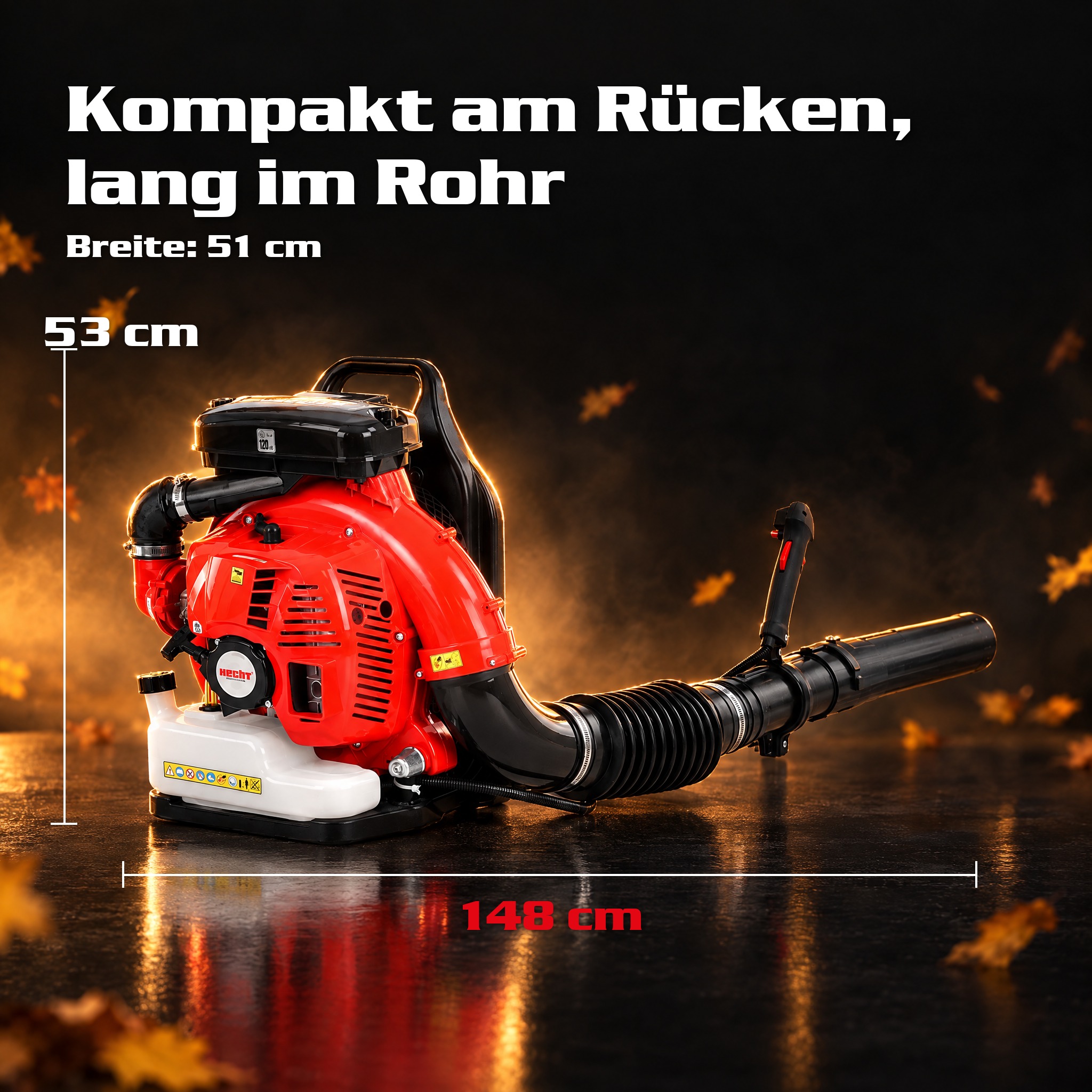 Maße Rücken-Laubbläser: Kompaktes 53 cm Gerät mit 148 cm langem Rohr (Dieses Bild wurde mit Hilfe von KI generiert.)