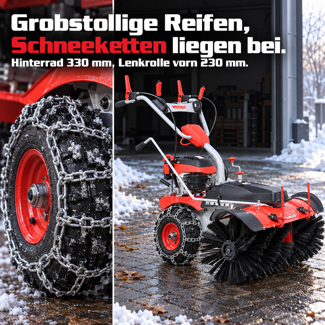 HECHT Kehrmaschine winterfest: Grobstollige Reifen mit Schneeketten (Dieses Bild wurde mit Hilfe von KI generiert.)