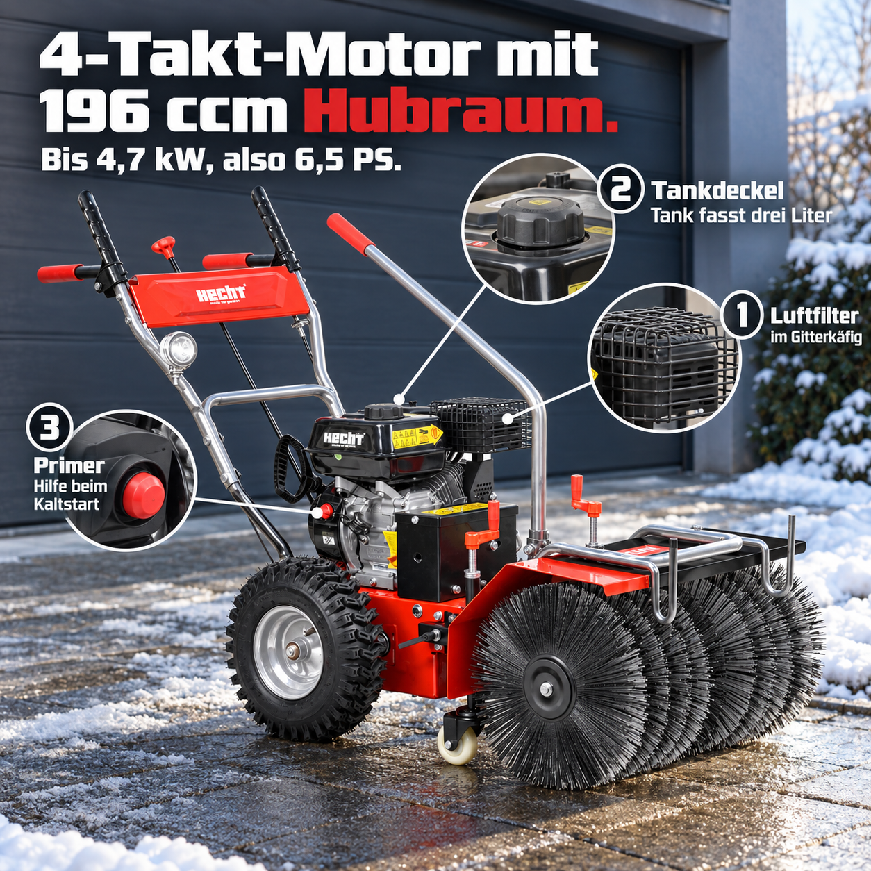 HECHT Benzin-Kehrmaschine: Starker 196 ccm 4-Takt-Motor mit 6,5 PS (Dieses Bild wurde mit Hilfe von KI generiert.)