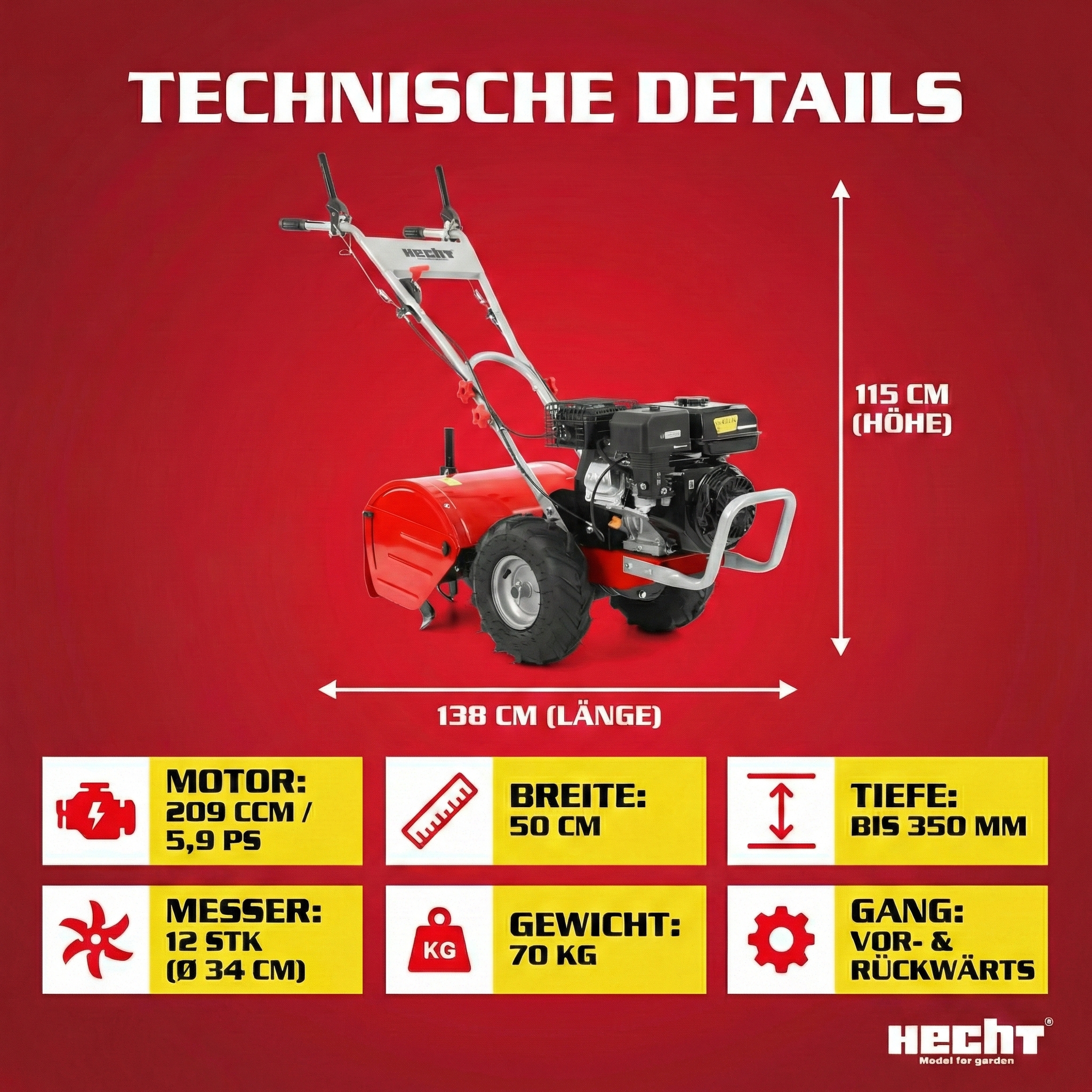Technische Details der HECHT Benzin-Gartenhacke: 70 kg schwer, 50 cm breit