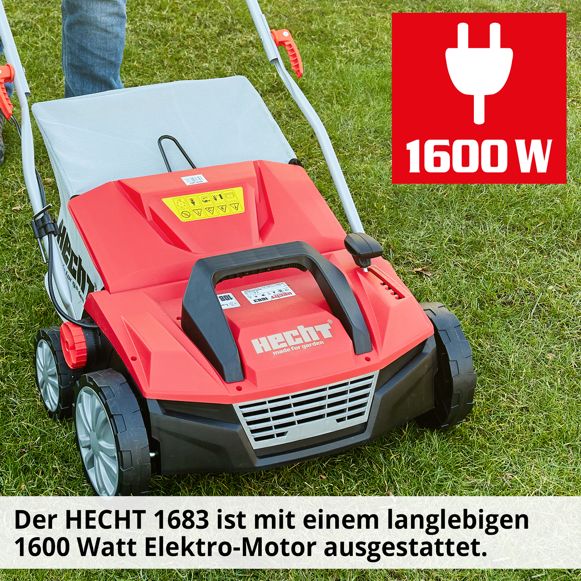 Motor 1600 Watt Vertikutierer leistungsstark Elektroantrieb HECHT 1683 Gehäuse rot