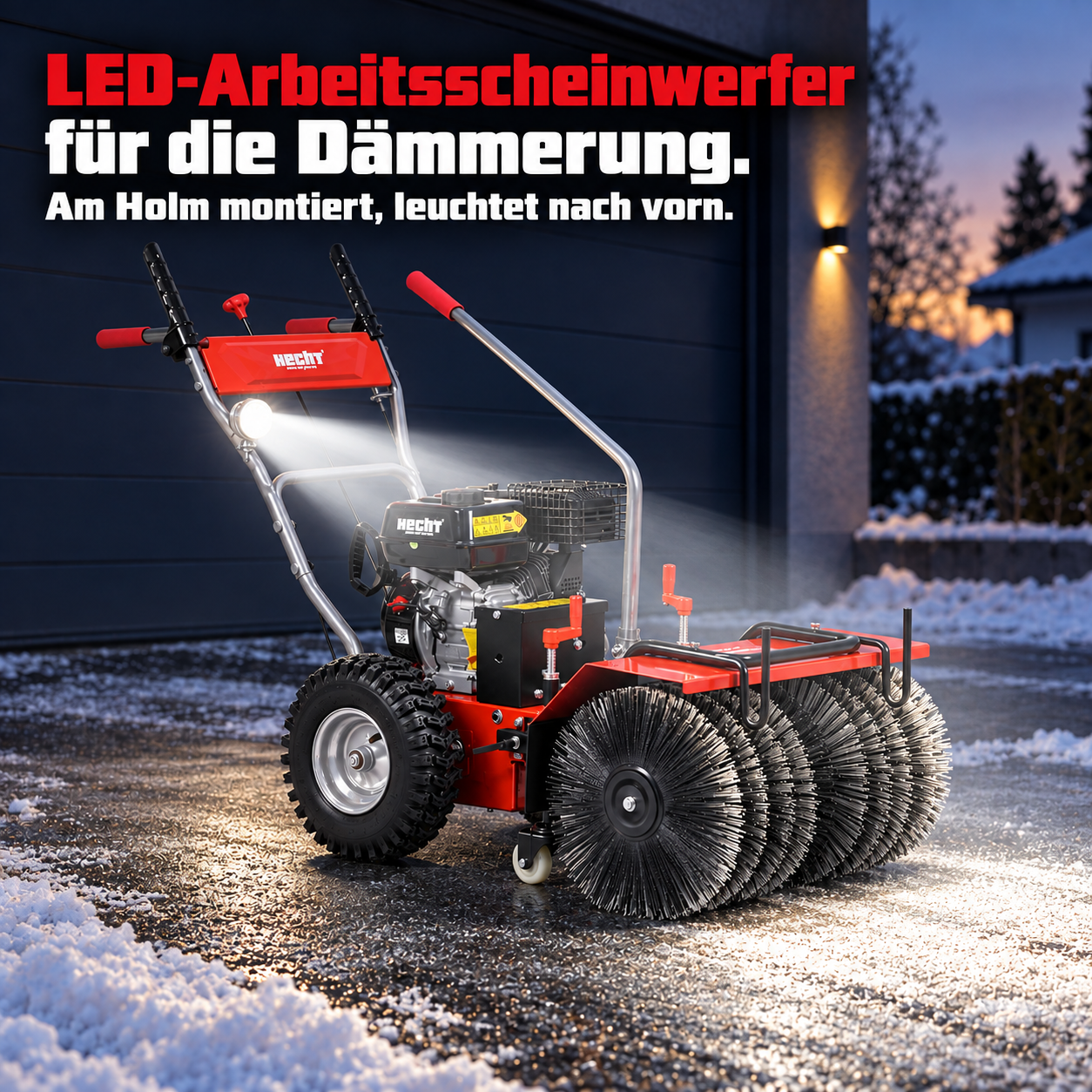 HECHT Kehrmaschine: Heller LED-Arbeitsscheinwerfer für die Dämmerung (Dieses Bild wurde mit Hilfe von KI generiert.)