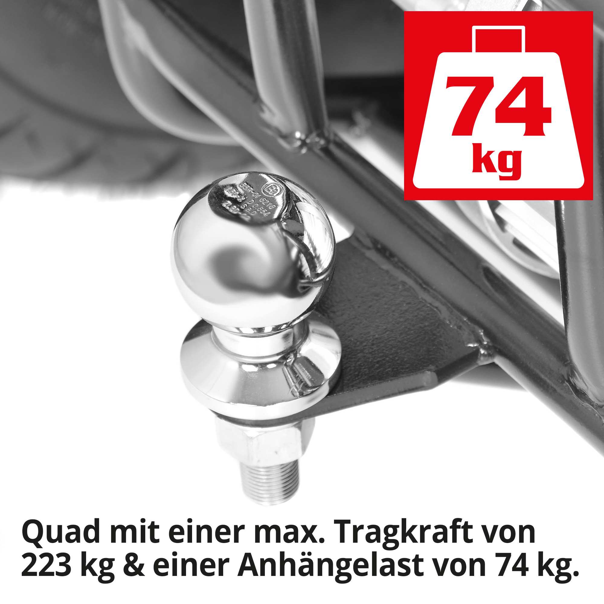 Quad mit Straßenzulassung; Tragkraft von 223 Kilogramm und Anhänglast von 74 Kilogramm
