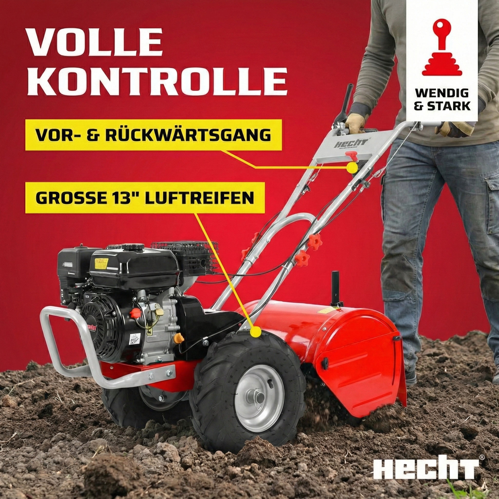 Wendige HECHT Gartenhacke mit 13 Zoll Luftreifen und Vor- sowie Rückwärtsgang