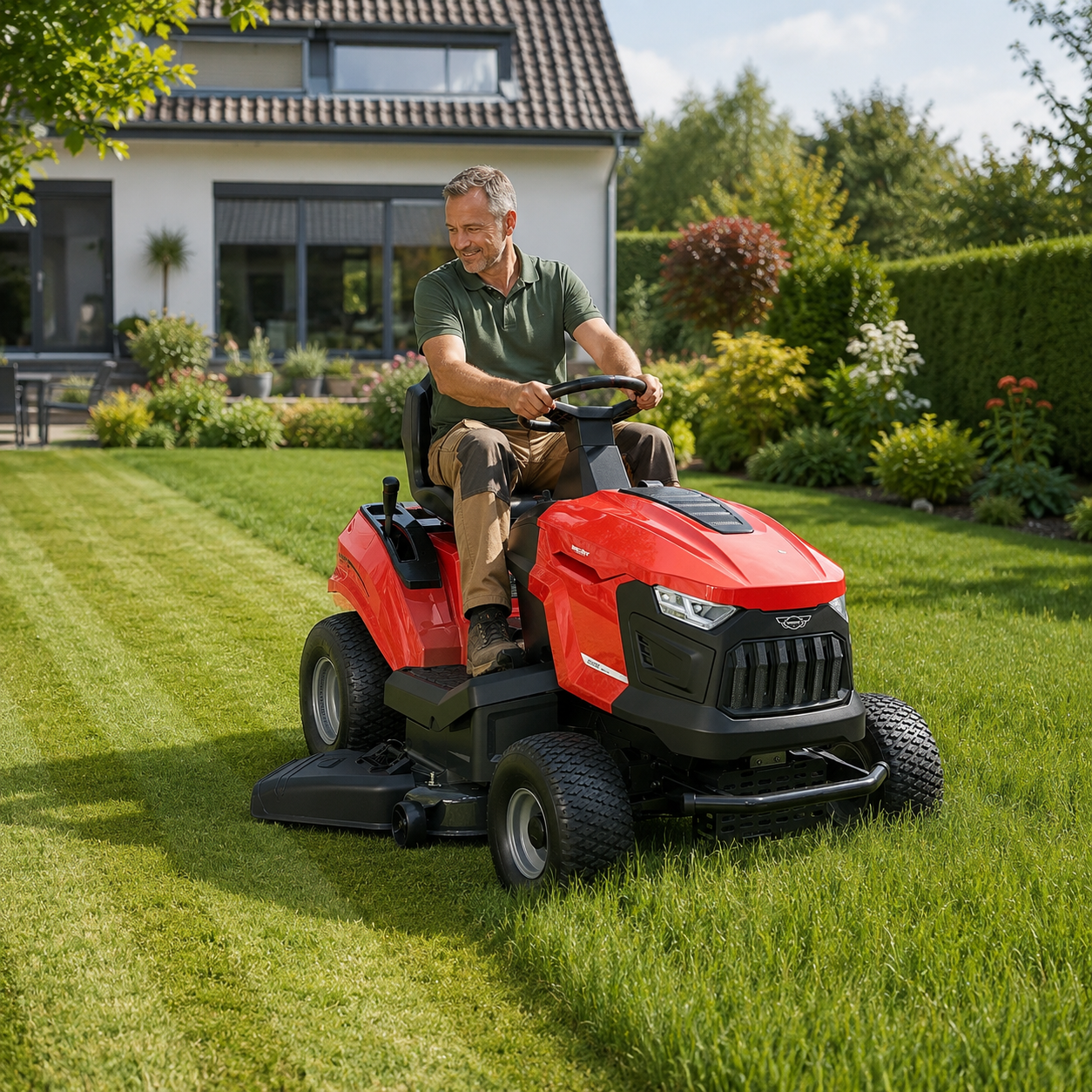 Zufriedener Anwender fährt den ergonomischen HECHT 5115 Rasentraktor bei der sommerlichen Rasenpflege