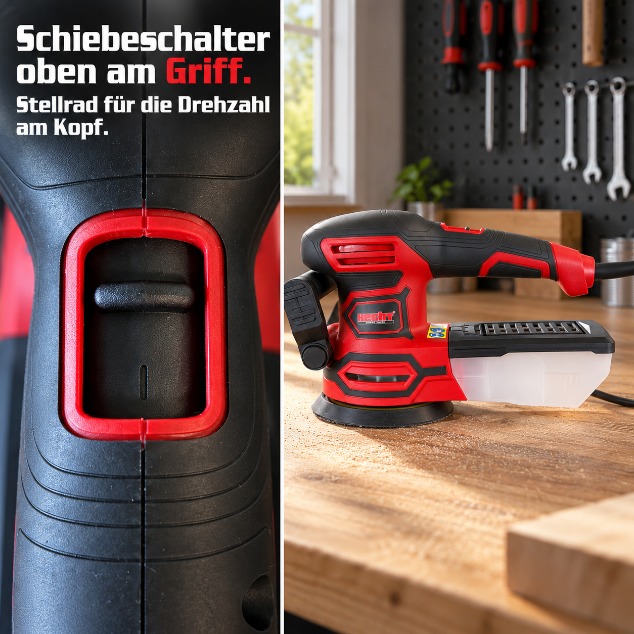 HECHT Exzenterschleifer: Praktischer Schiebeschalter am Griff (Dieses Bild wurde mit Hilfe von KI generiert.)